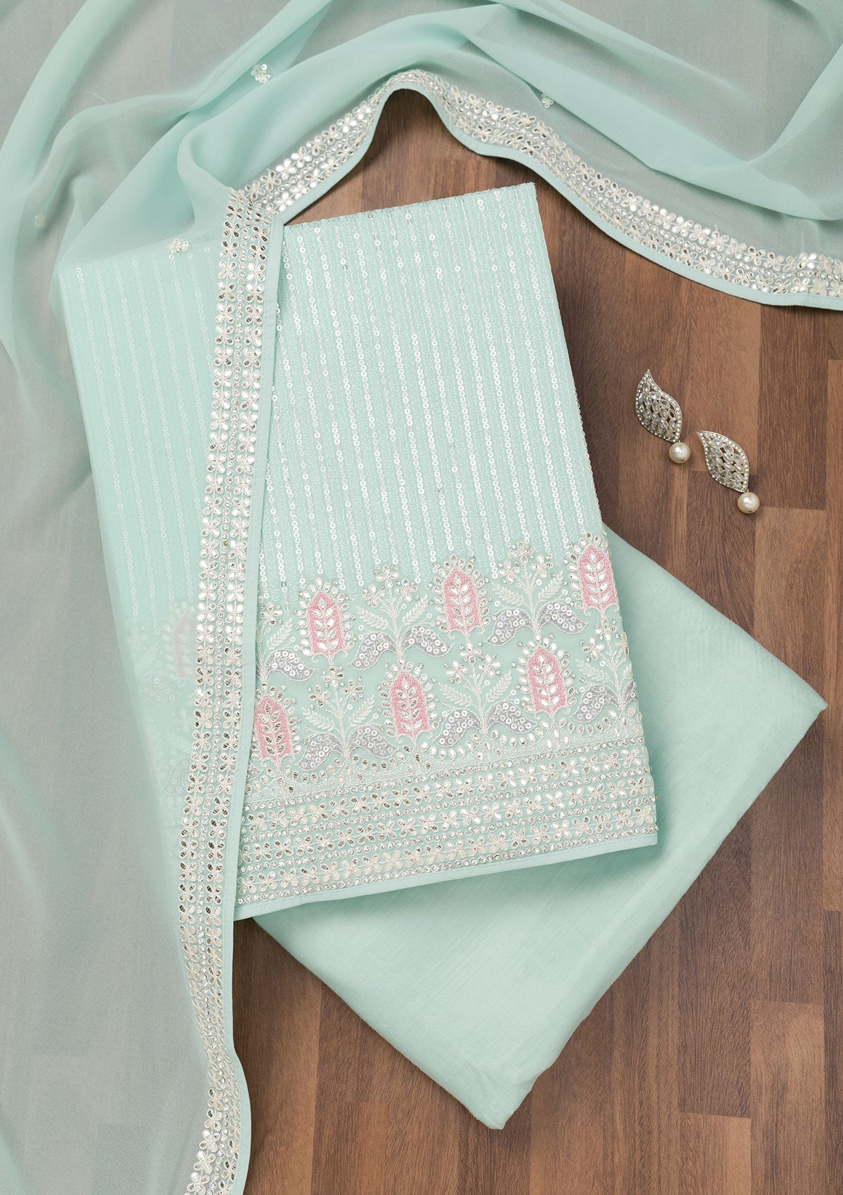Koskii Sea Green Threadwork Georgette Unstitched Salwar Suit