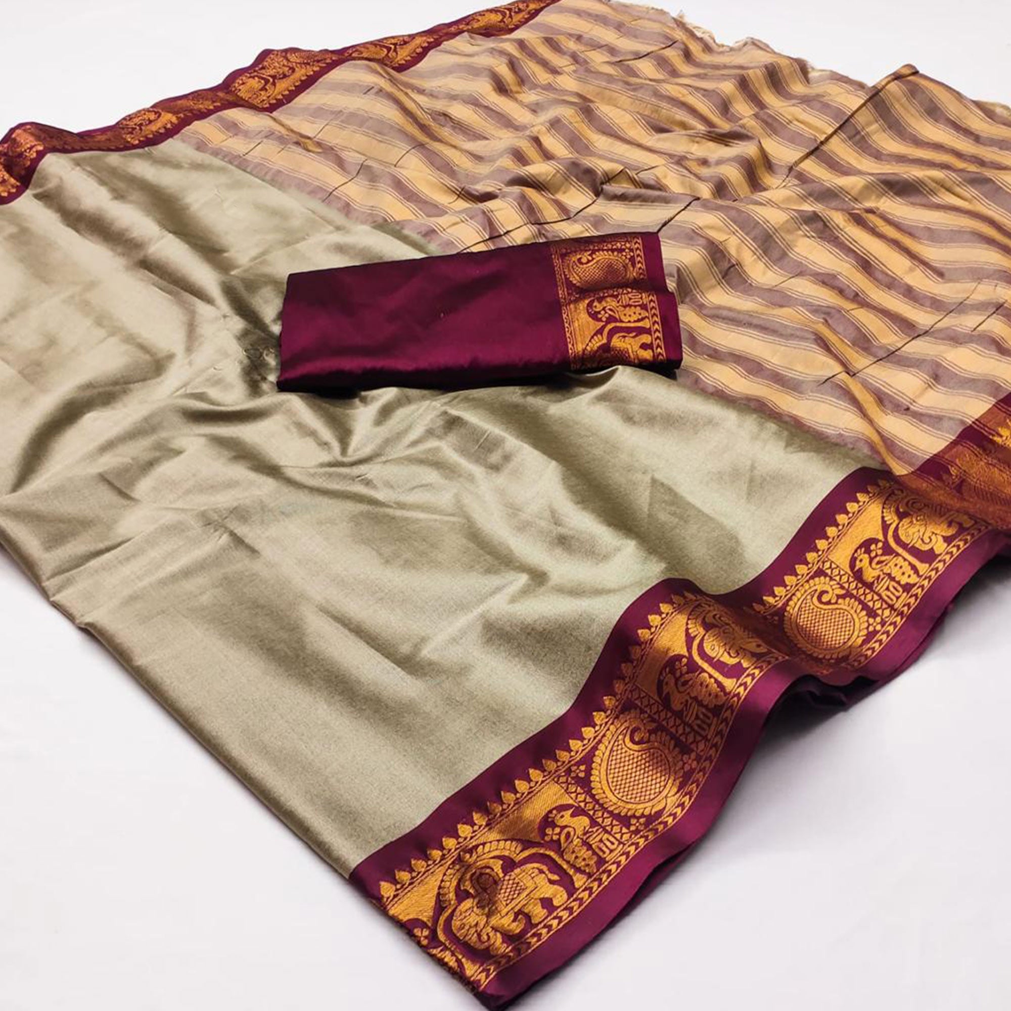 Peachmode Chikoo Woven Cotton Silk Saree With Tassels