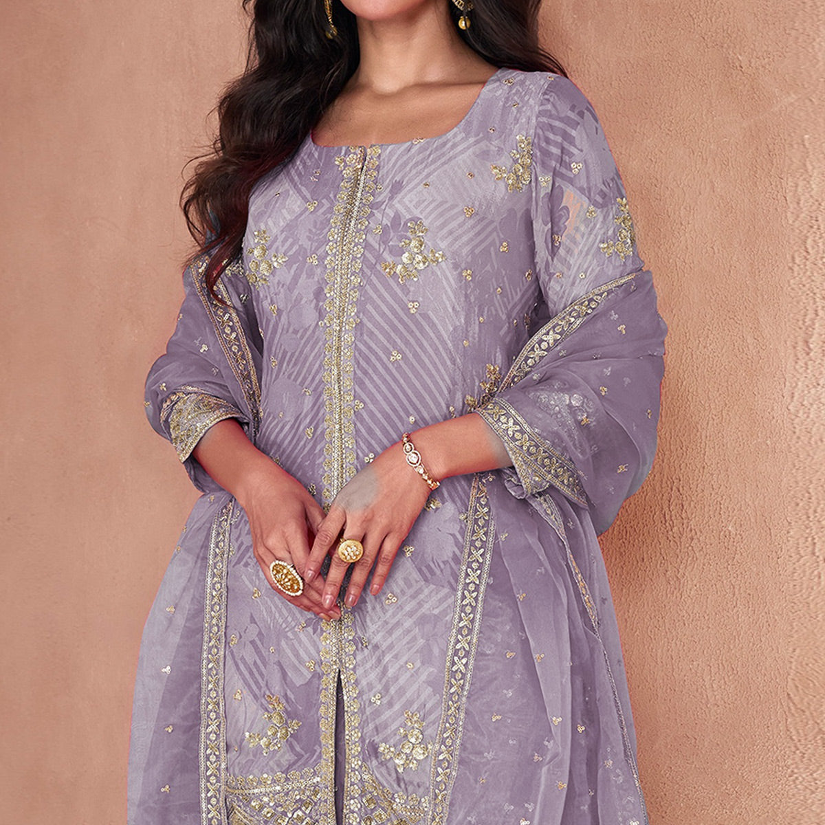 Peachmode Seller Mauve Sequins Embroidered Georgette Sharara Suit - view 2