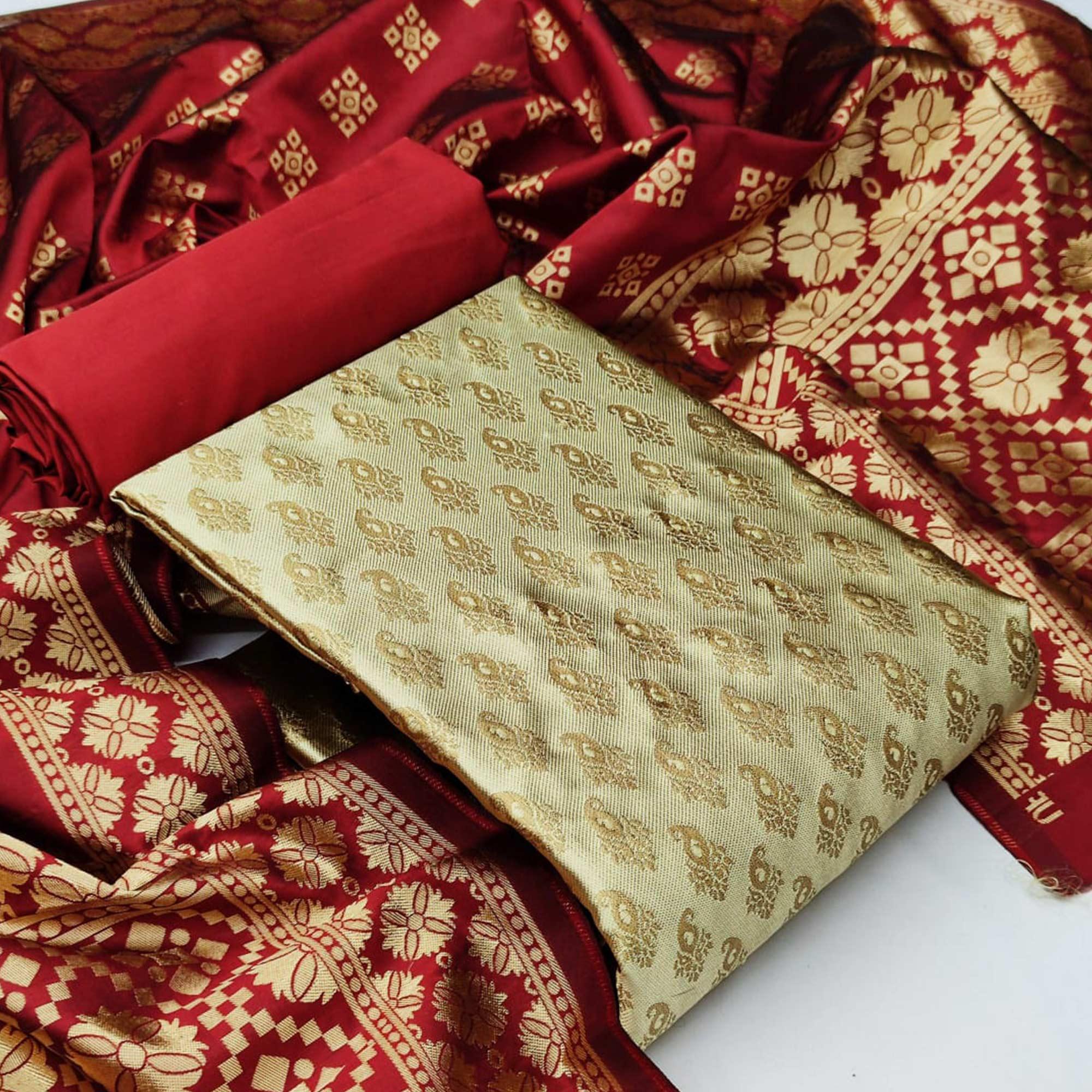 Peachmode Chiku Festive Wear Woven Banarasi Silk Dress Material