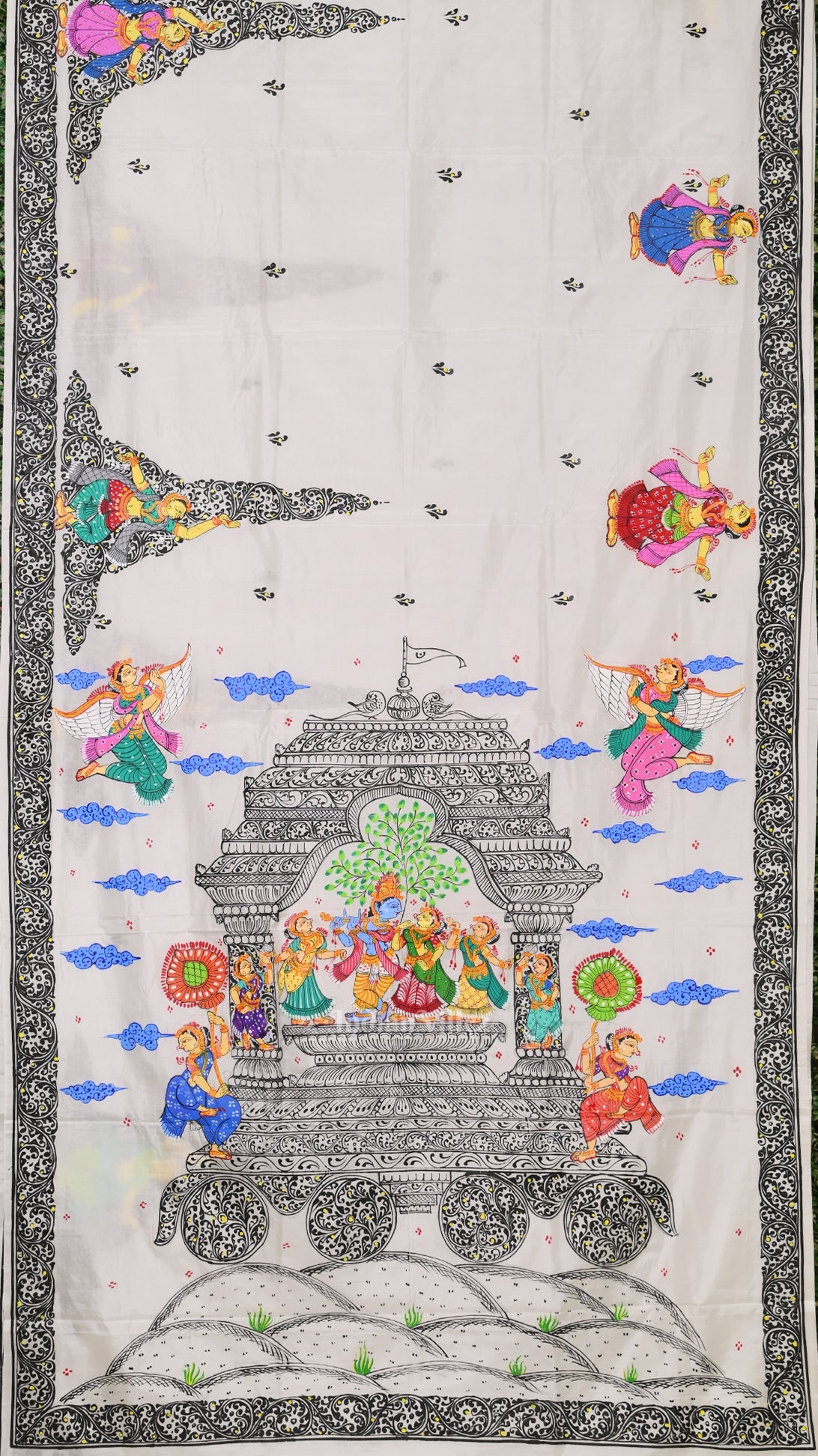 IndianVillèz White Radha Krisha Hand-Painted Pattachitra Saree