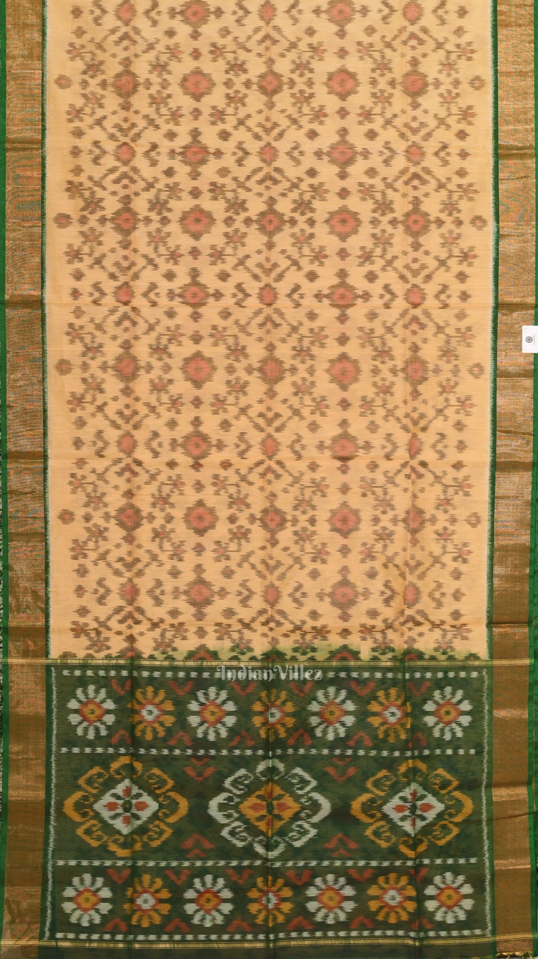 Silk cotton saree – IndianVillèz Chandan with Green Pochampally Ikat Sico (Silk & Cotton) Saree with Zari Border