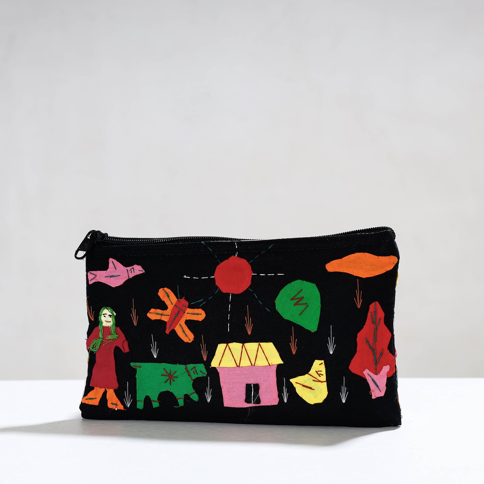 ASHOKA ASSEMBLE - CELEBRATING CRAFTS OF ODISHA Black - Pipli Applique Work Cotton Cosmetic Pouch