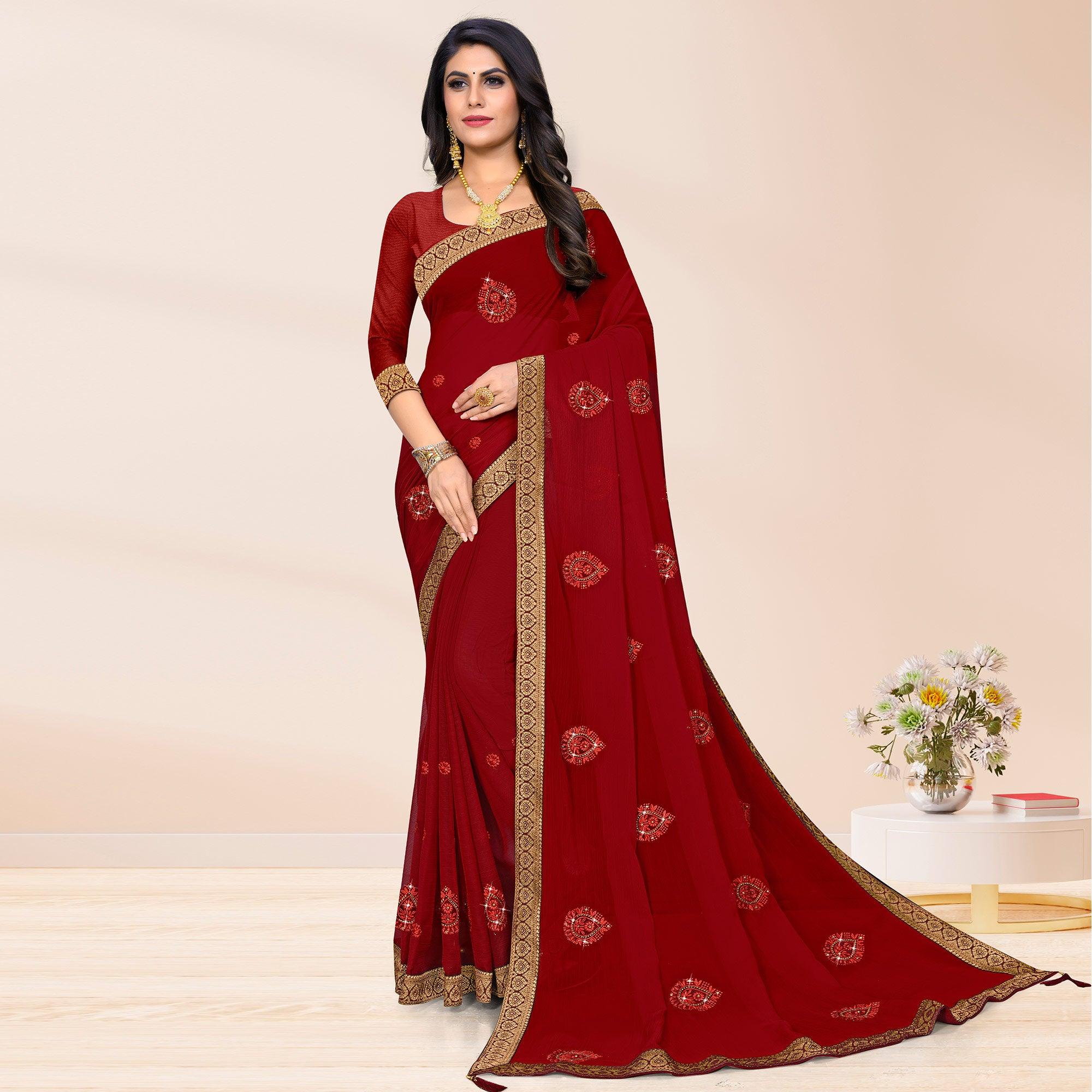 Peachmode Maroon Embroidered Chiffon Saree – Women's
