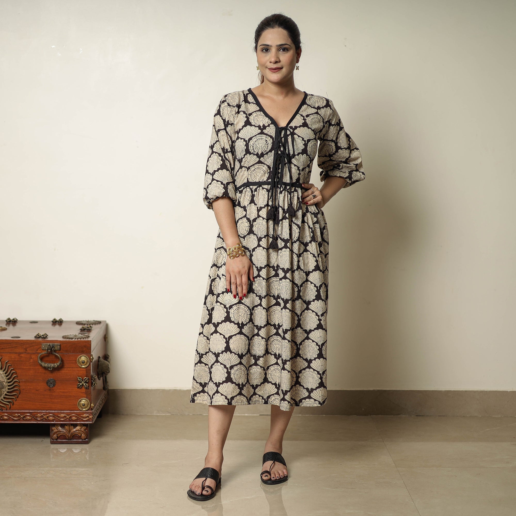 ITOKRI CASUALS Beige - Bagru Block Printed Cotton Flared Dress 18