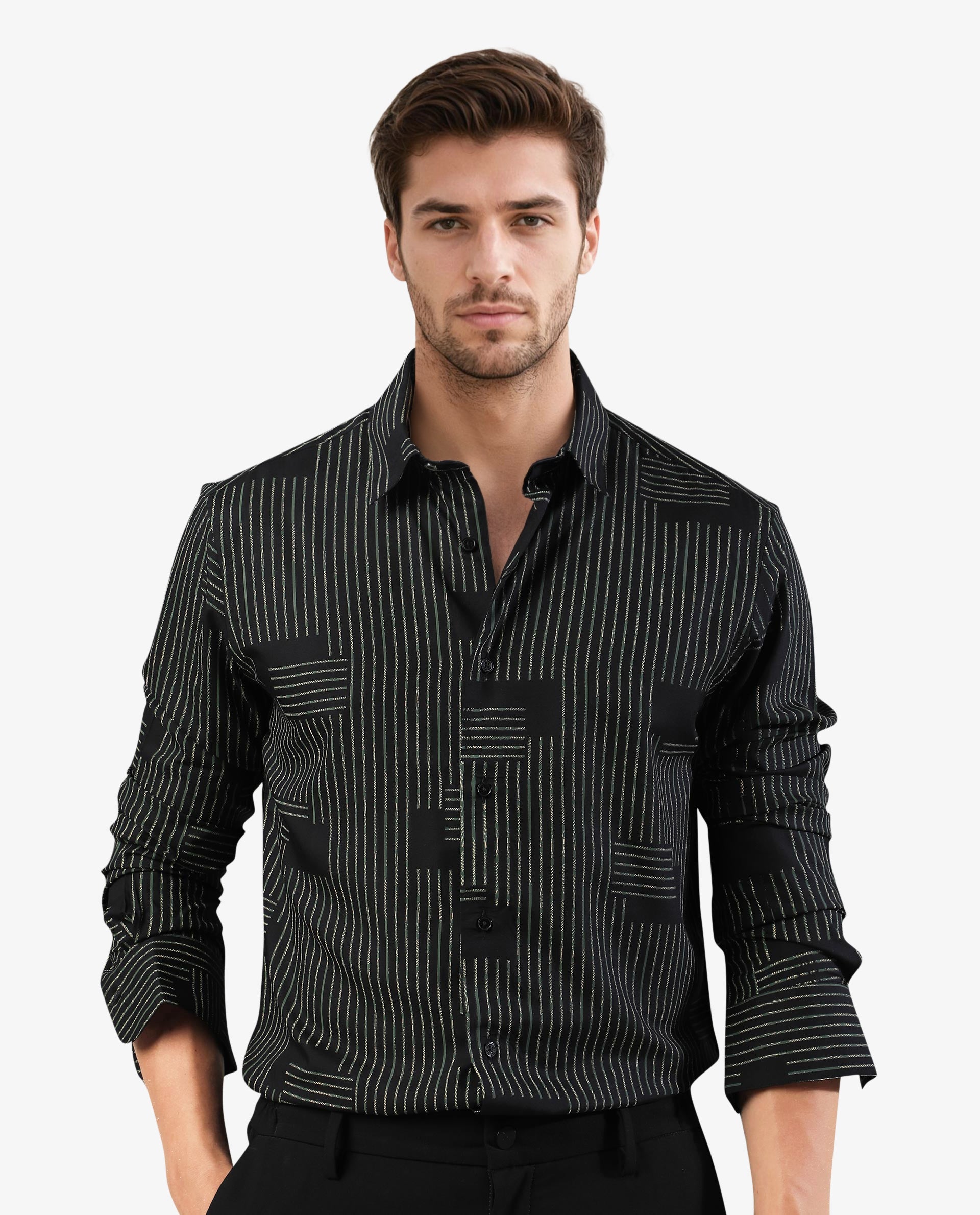 Rare Rabbit Men's Anthem Black Viscose Fabric Geometric Print Full Sleeves Shirt