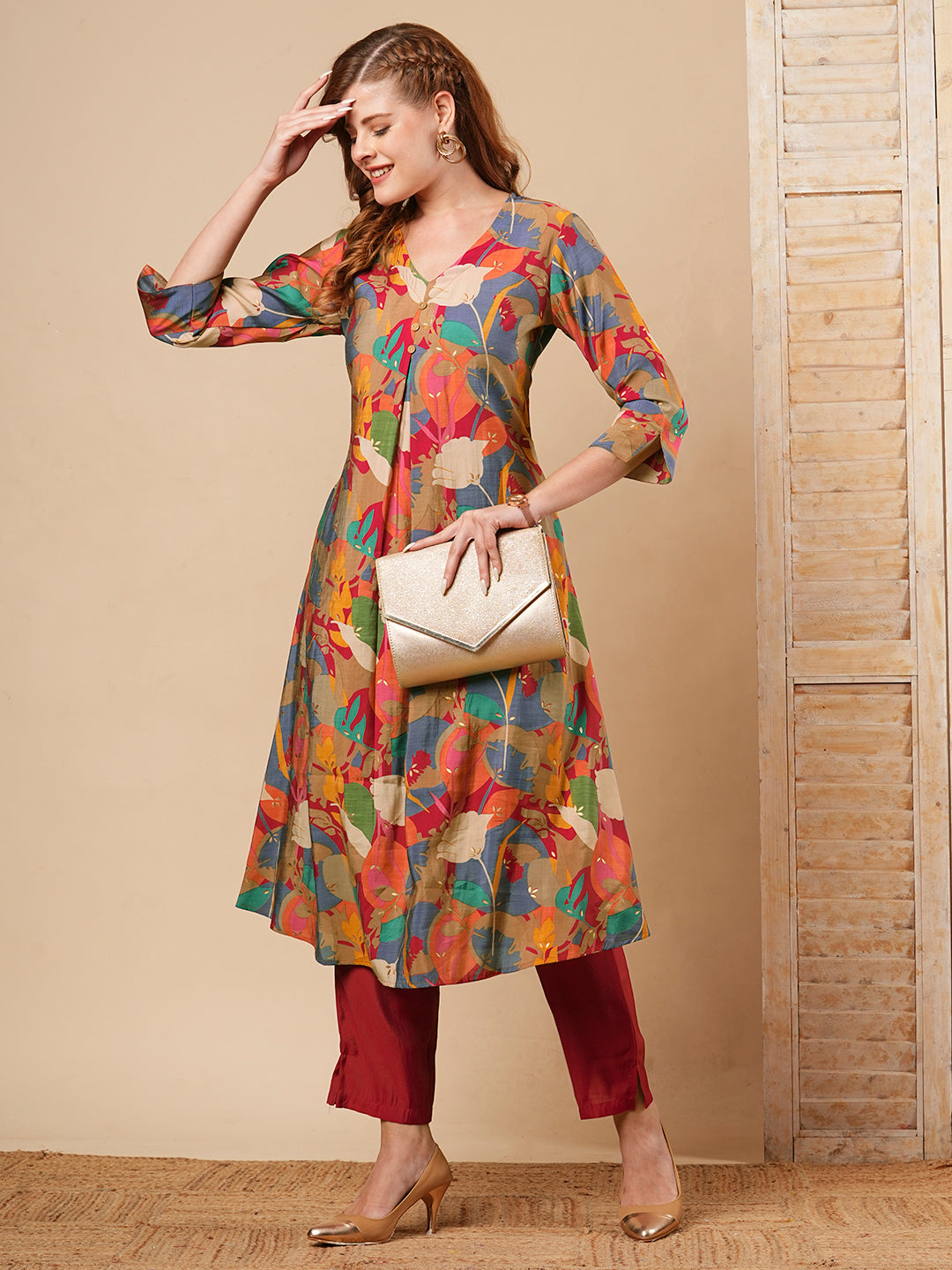 FASHOR Abstract Floral Foil Printed A-Line Kurta with Pant - Multi