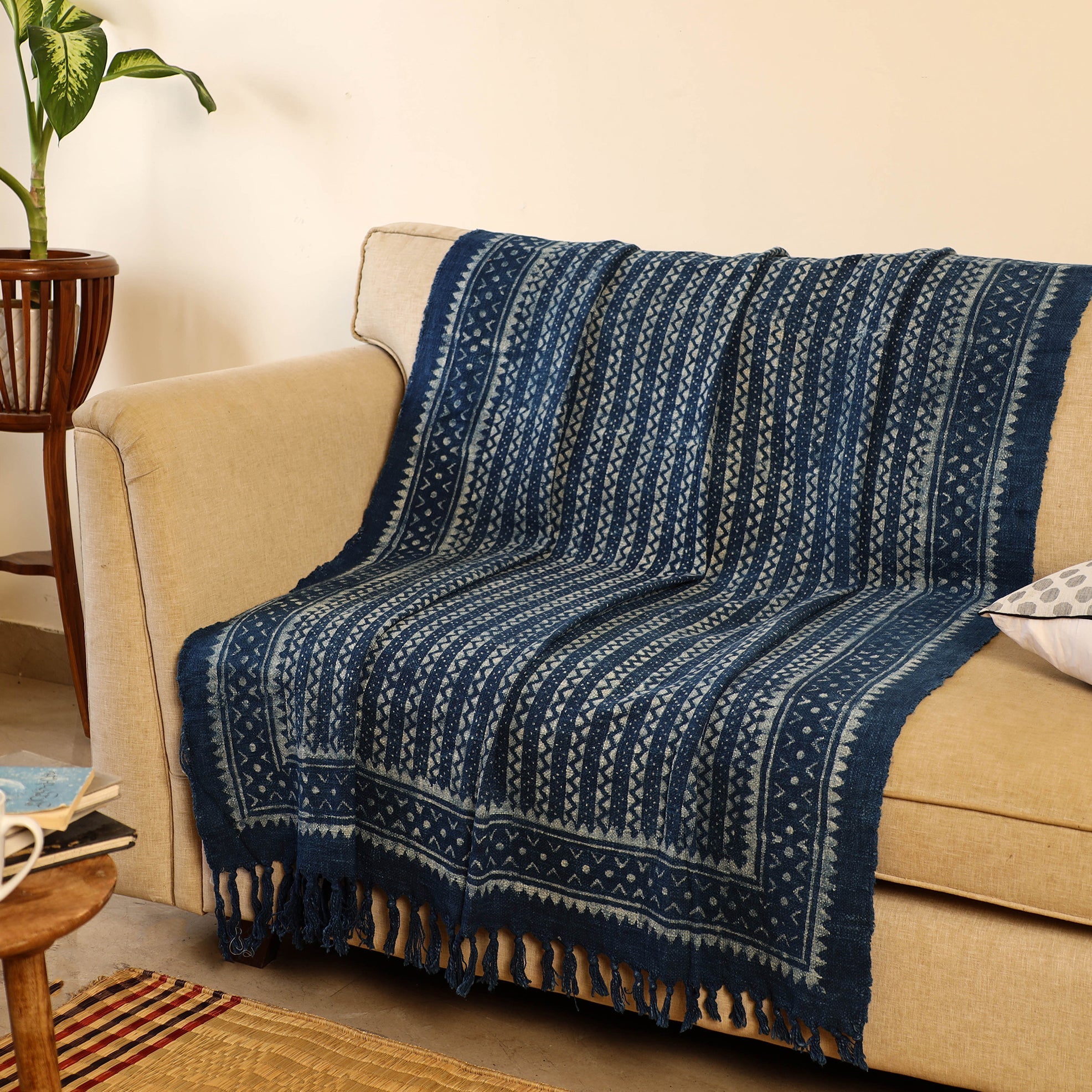 HAVELI CHRONICLES Handloom Jaipur Block Print Indigo Cotton Sofa Throw 05
