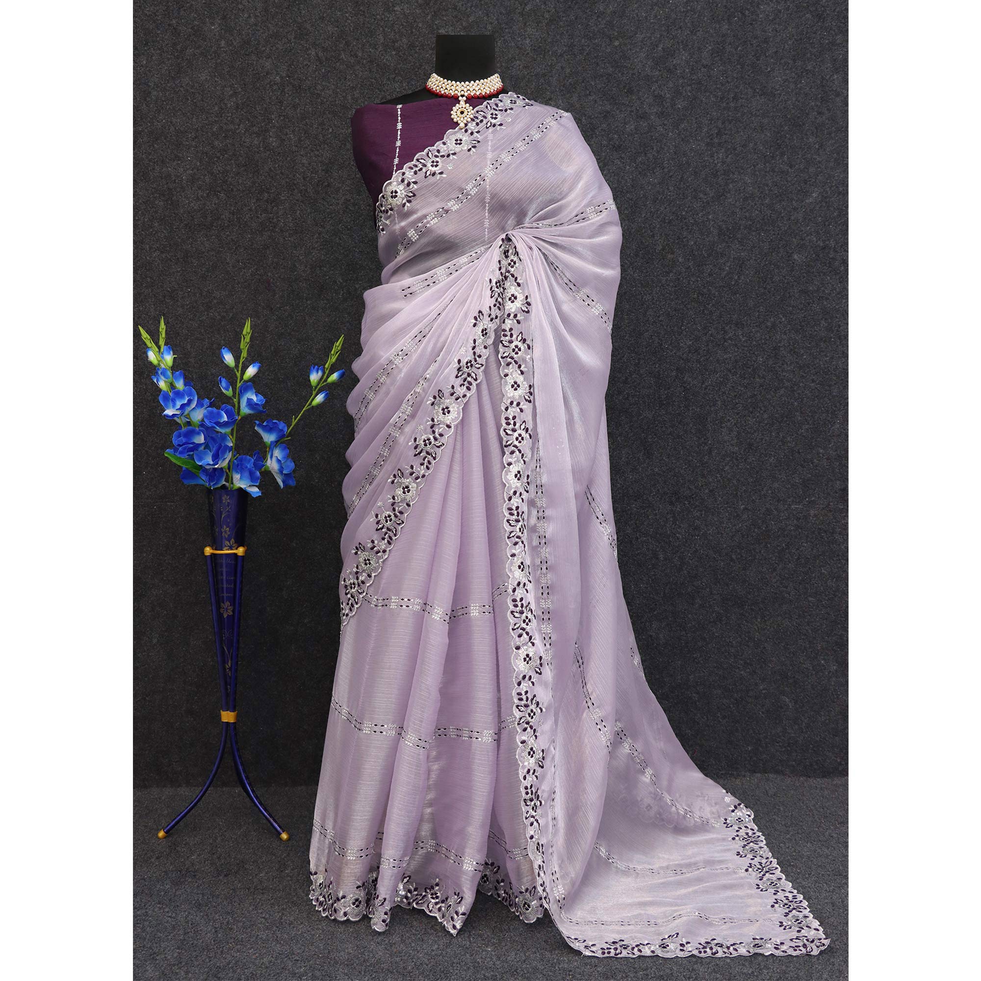 Peachmode Lavender Sequins Embroidered Chiffon Saree - view 4