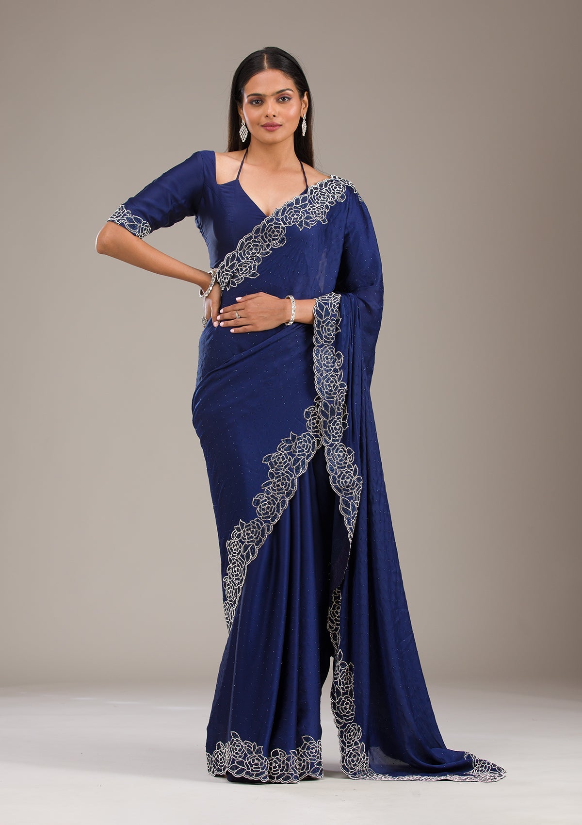 Koskii Navy Blue Swarovski Satin Saree – Women's