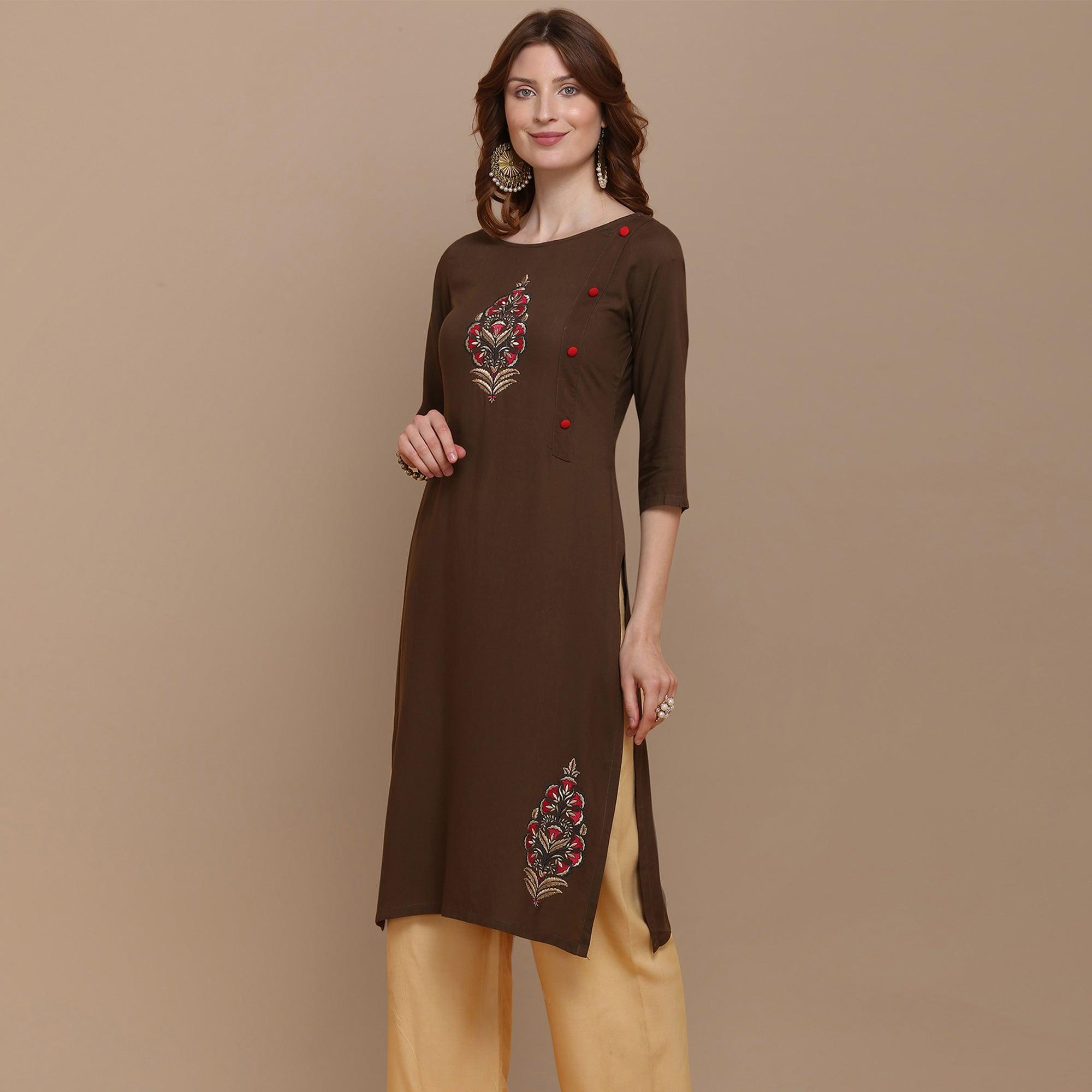 Peachmode Capricious Brown Colored Partywear Embroidered Rayon Kurti