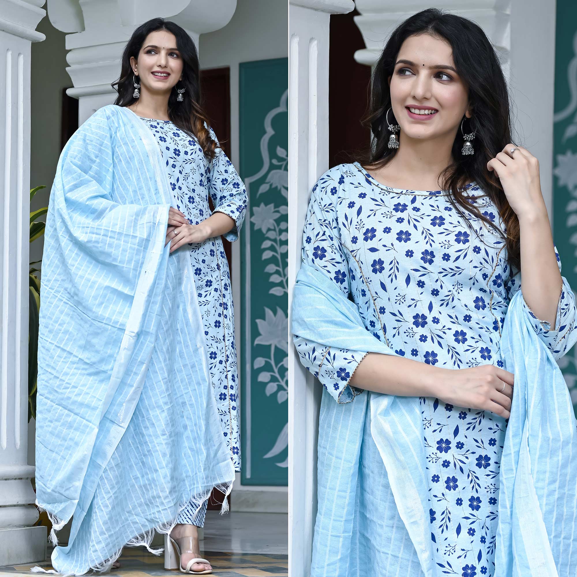Peachmode Light Blue Floral Printed Pure Cotton Suit