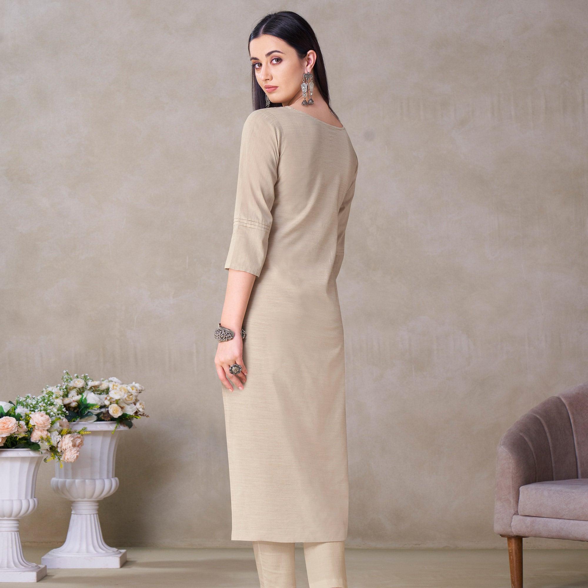 Peachmode Seller Groovy Beige Colored Partywear Embroidered Viscose Kurti - view 3