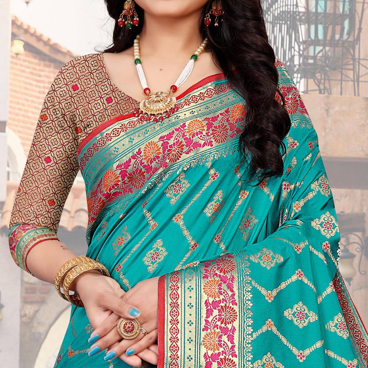 Peachmode Firozi Festive Wear Woven Silk Saree - view 2
