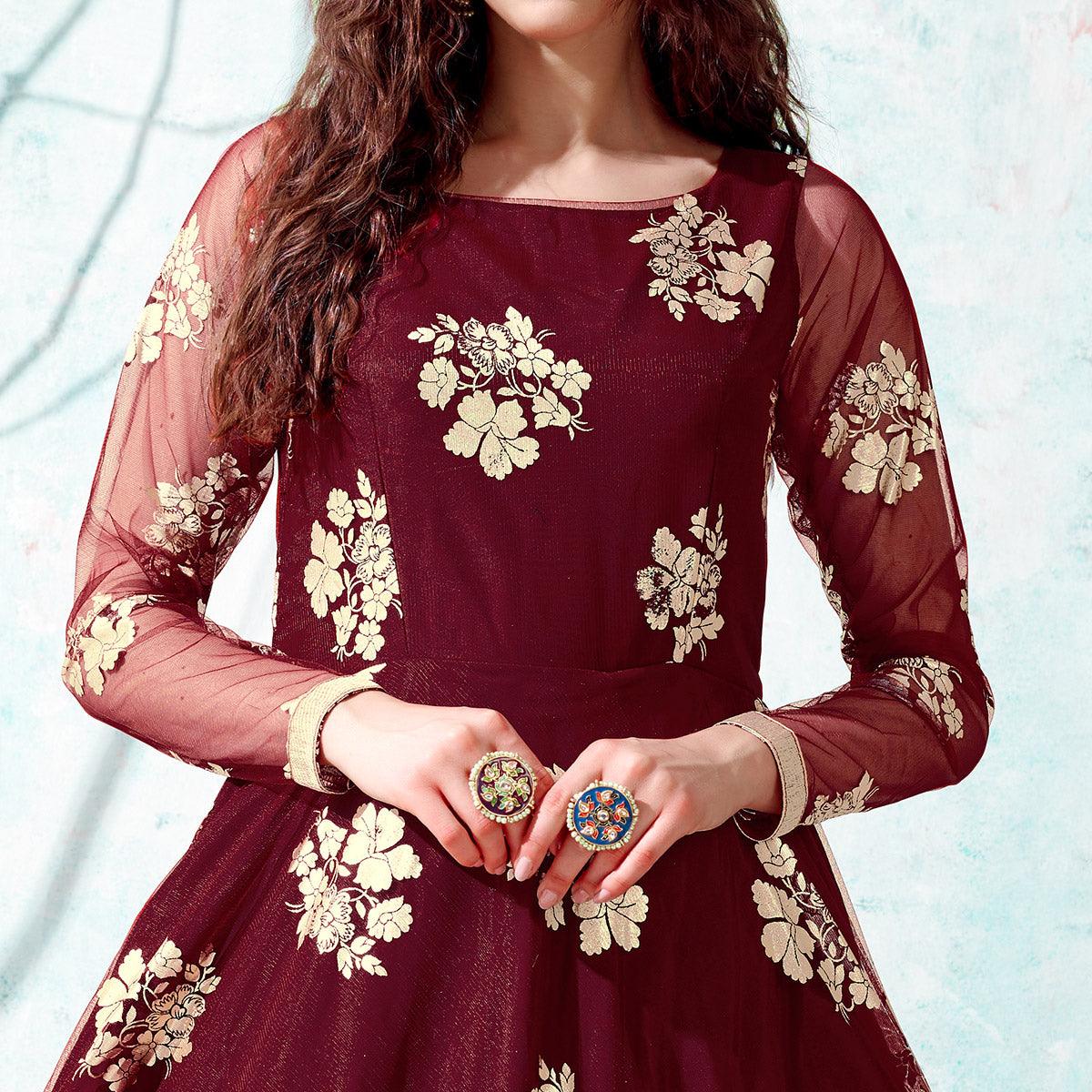 Peachmode Maroon Foil Printed Netted Gown - view 2