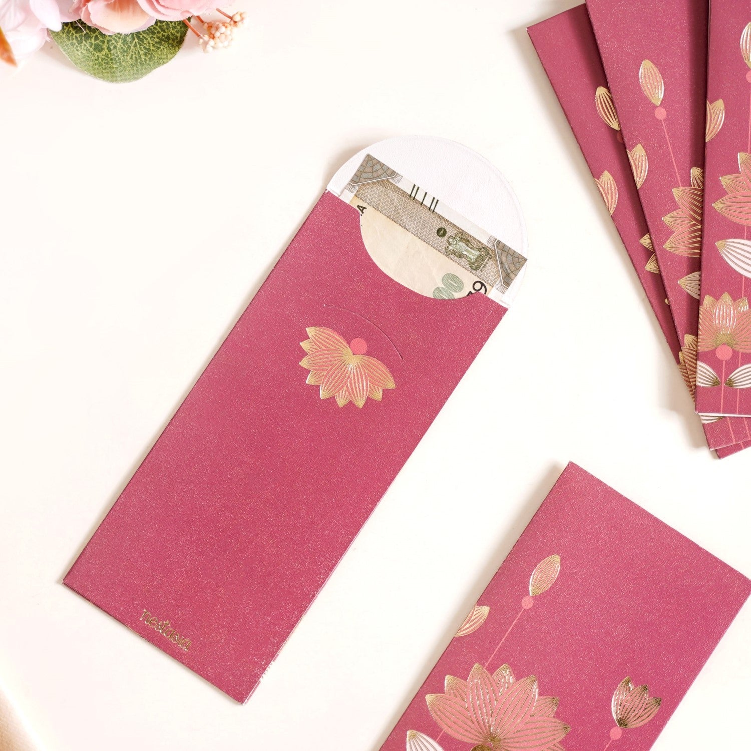Nestasia Gold Lotus Shagun Paper Envelopes For Cash Gift Set Of 12 Maroon - view 2