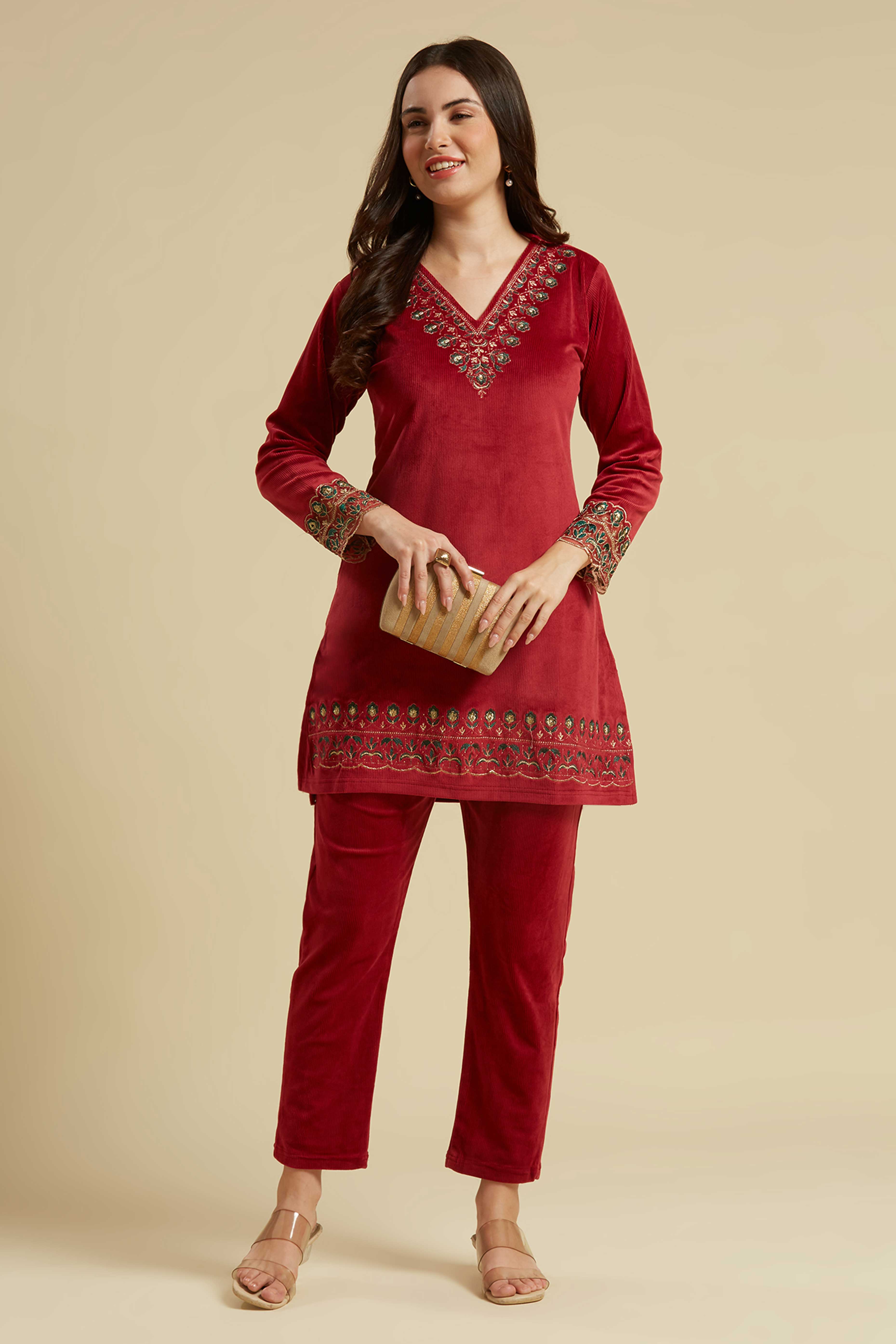 Peachmode Maroon Embroidered Velvet A-Line Top Bottom Set