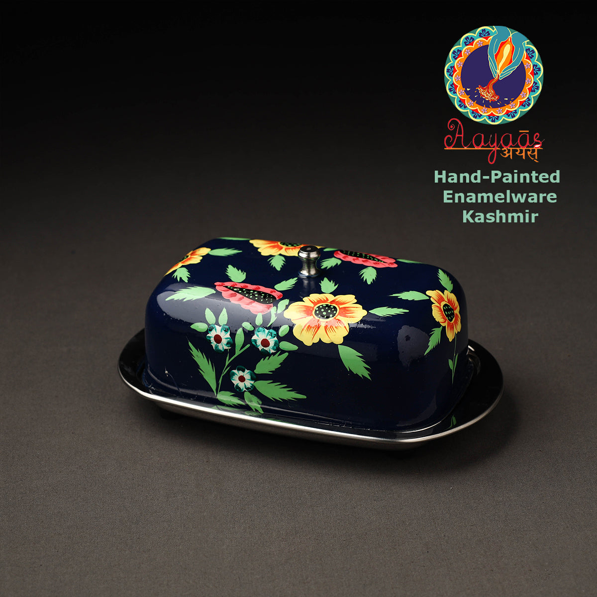 AAYAAS Black - Floral Handpainted Enamelware Stainless Steel Butter Dish (Capacity- 500Grams)