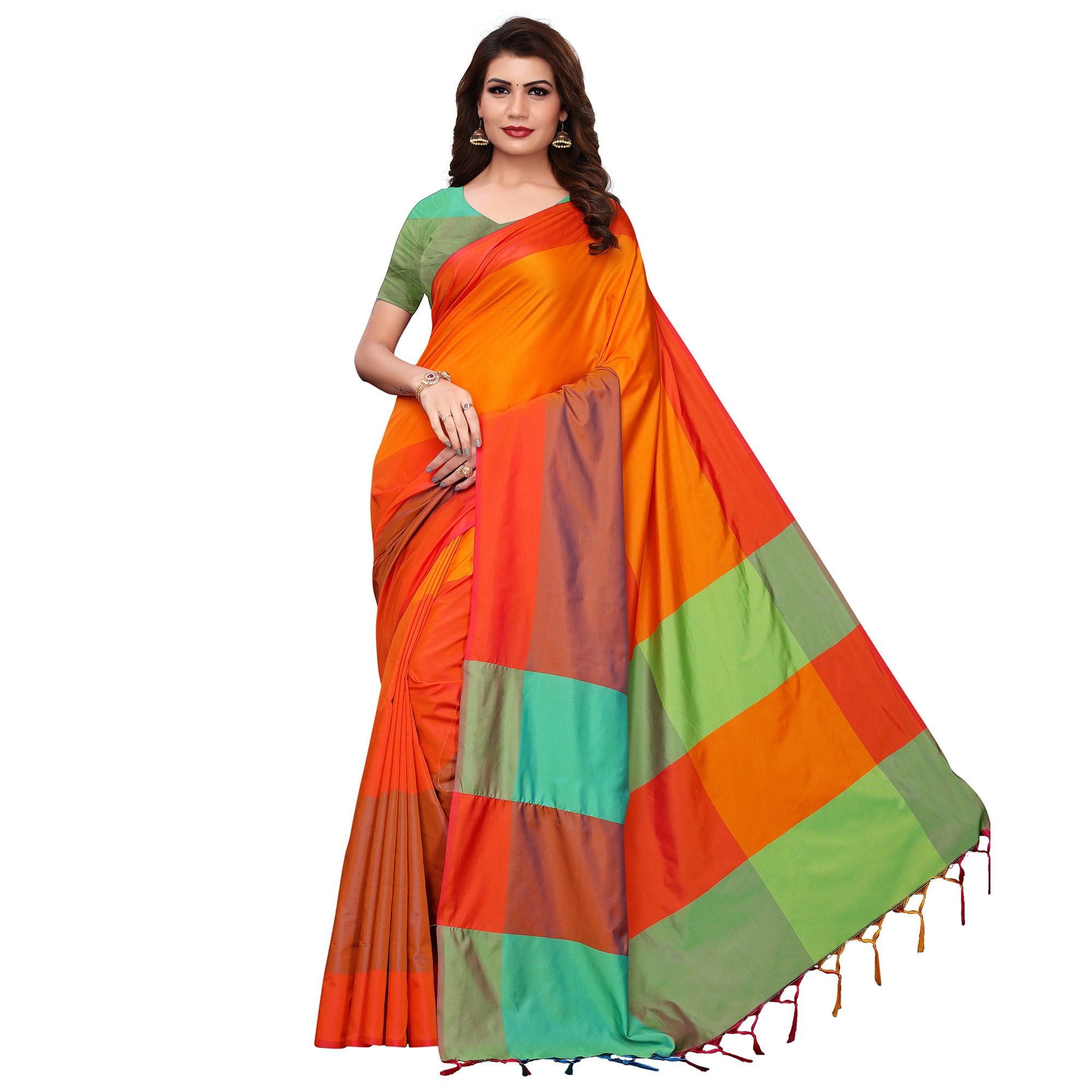 Peachmode Flirty Orange-Multi Festive Wear Woven Art Silk Saree