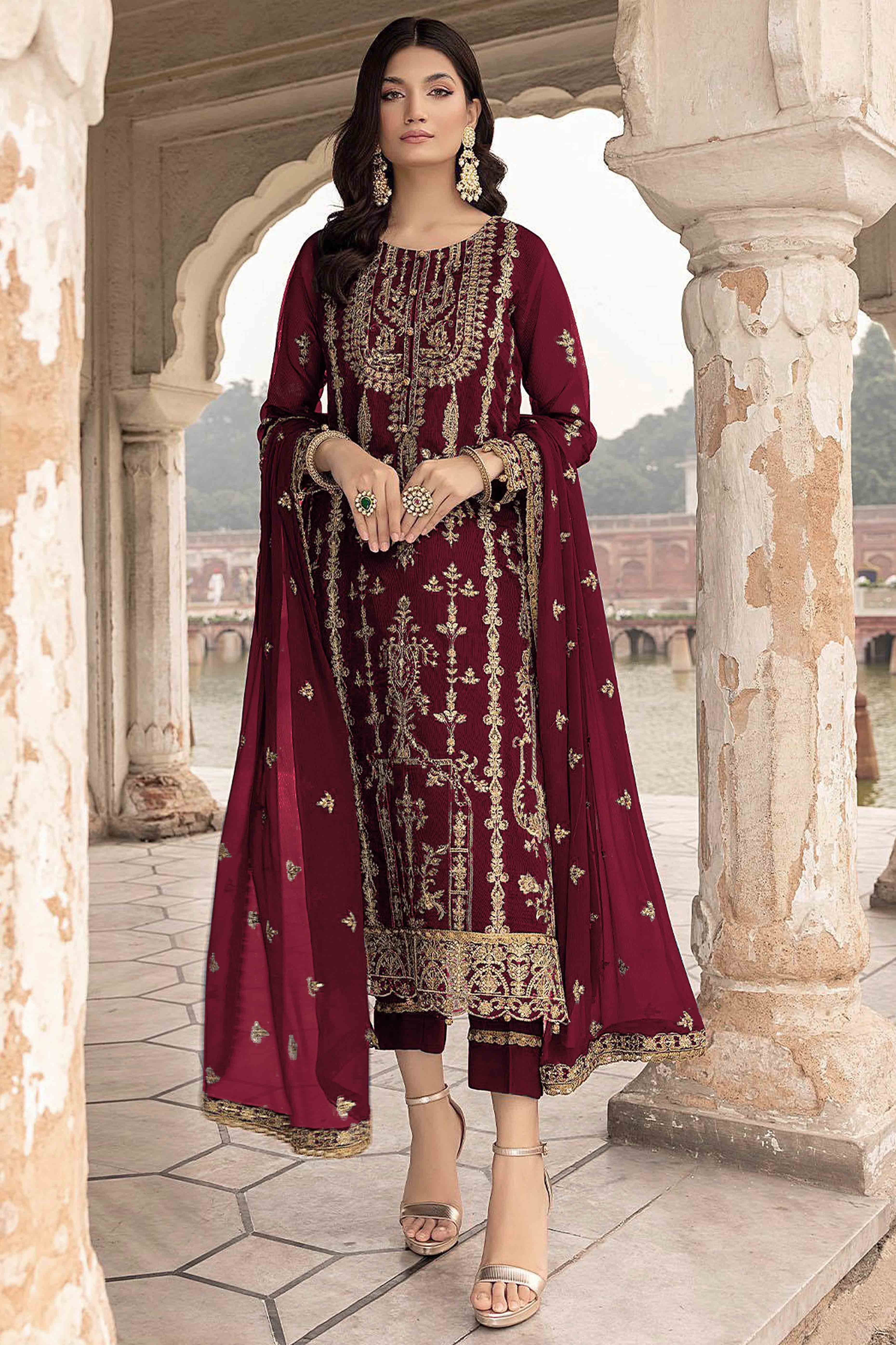 Peachmode Maroon Floral Sequins Embroidered Georgette Semi Stitched Suit