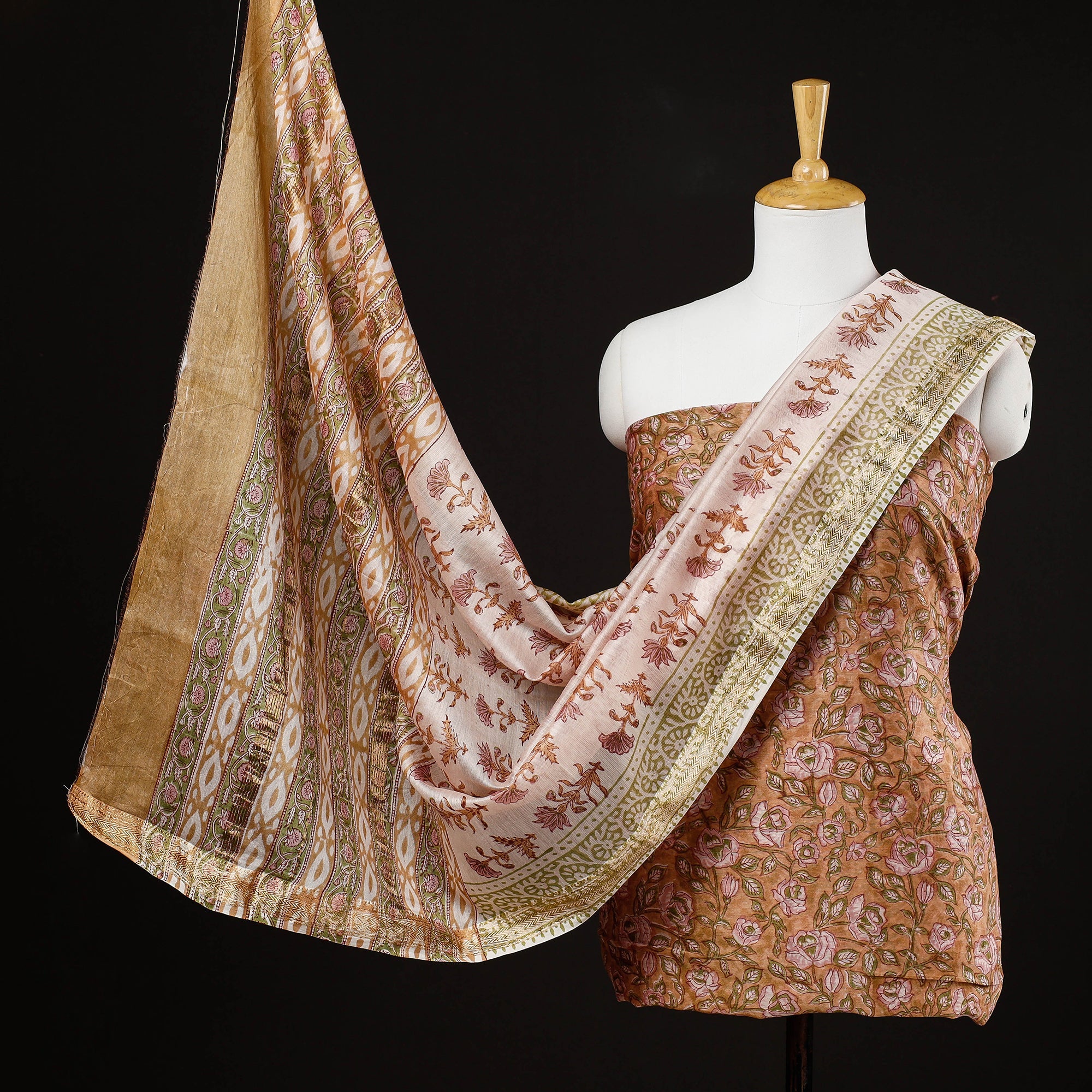 ARTISAN HAND BLOCK PRINTS Brown - 3pc Sanganeri Block Printed Maheshwari Silk Suit Material Set