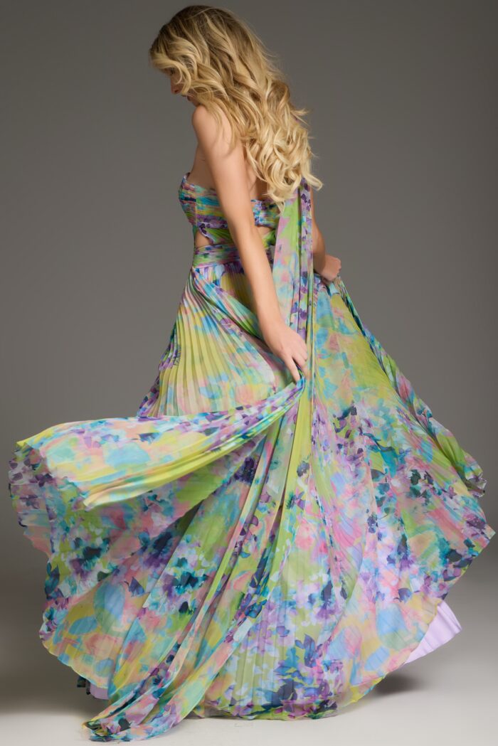 Jovani 38688 Floral Long Pleated Formal Prom Dress - view 4