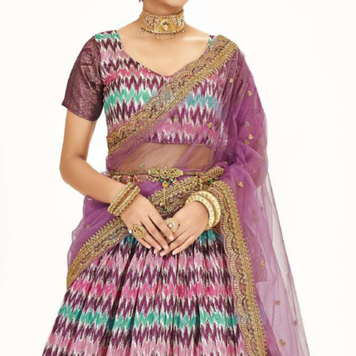Peachmode Multicolor Digital Printed With Zari Work Art Silk Lehenga Choli - view 2