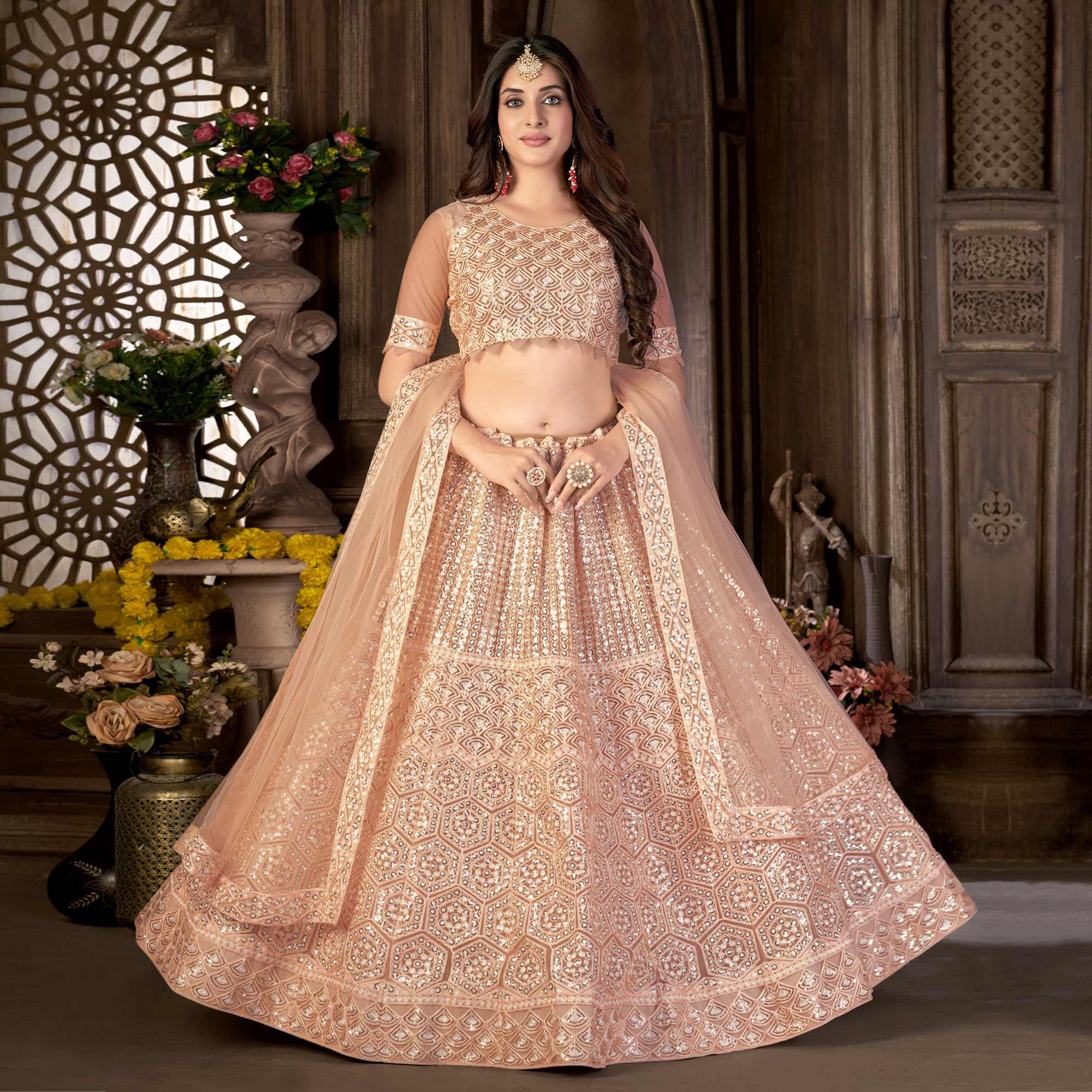 Peachmode Brown Sequins Embroidered Netted Lehenga Choli