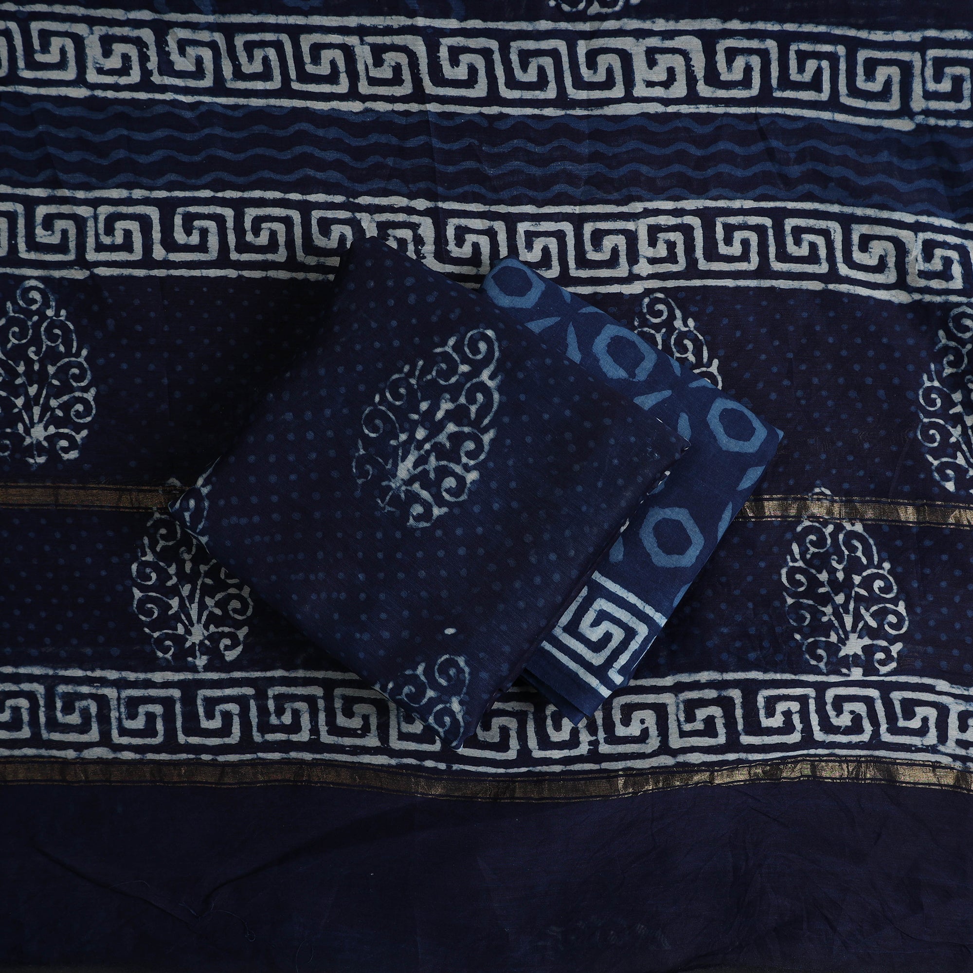 ARTISAN HAND BLOCK PRINTS Blue - 3pc Chanderi Silk Indigo Bagru Print Dress Material 06 - view 2