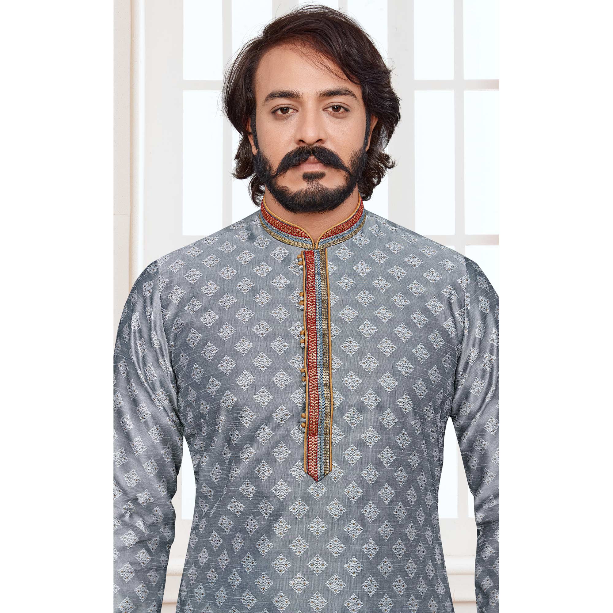 Peachmode Seller Grey Woven Jacquard Kurta Pyjama Set - view 4