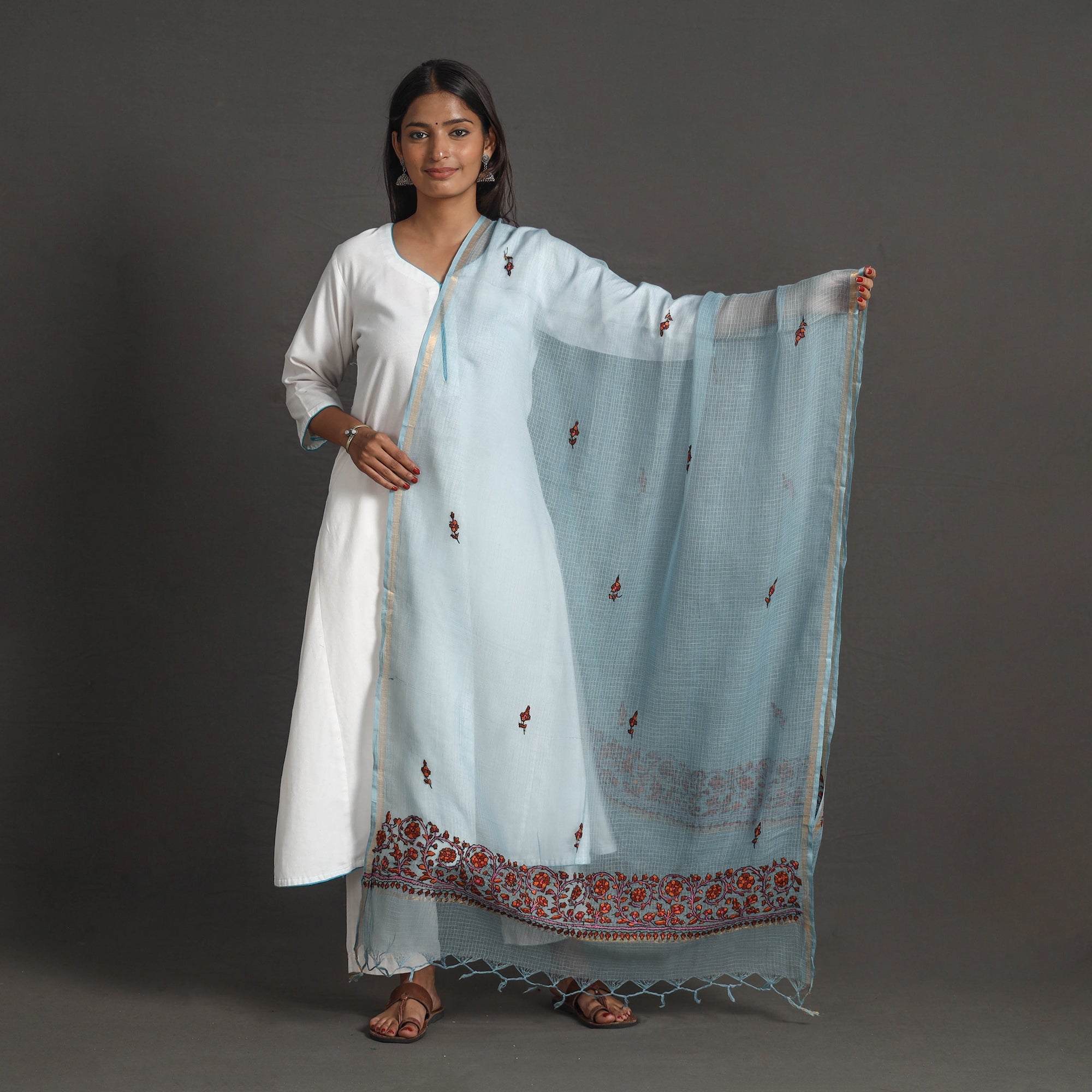 ITOKRI CRAFTS INITIATIVE Kota Doria Silk Cotton Kashida Embroidery Dupatta 55