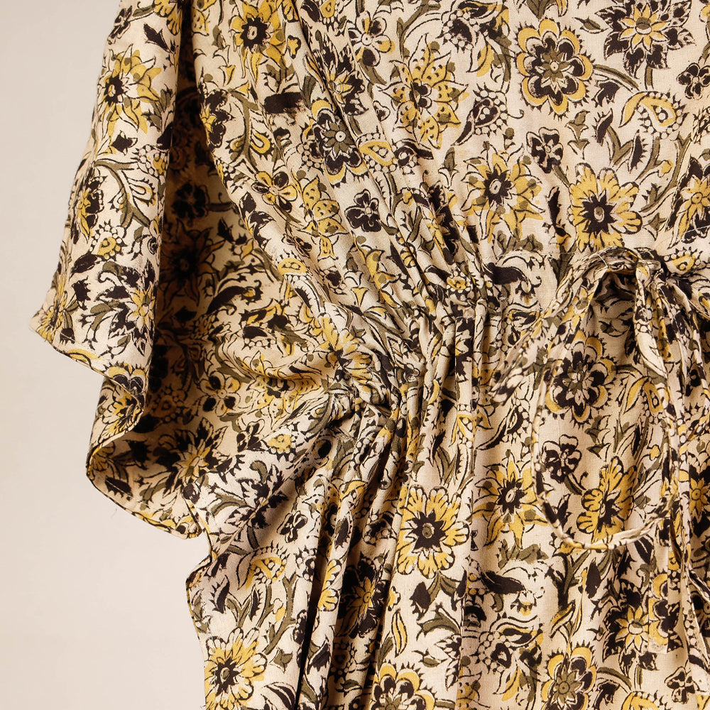 CHUTNEY CRAFT STUDIO Beige - Block Print Cotton Kalamkari Kaftan with Tie-Up Waist (Short) - view 2