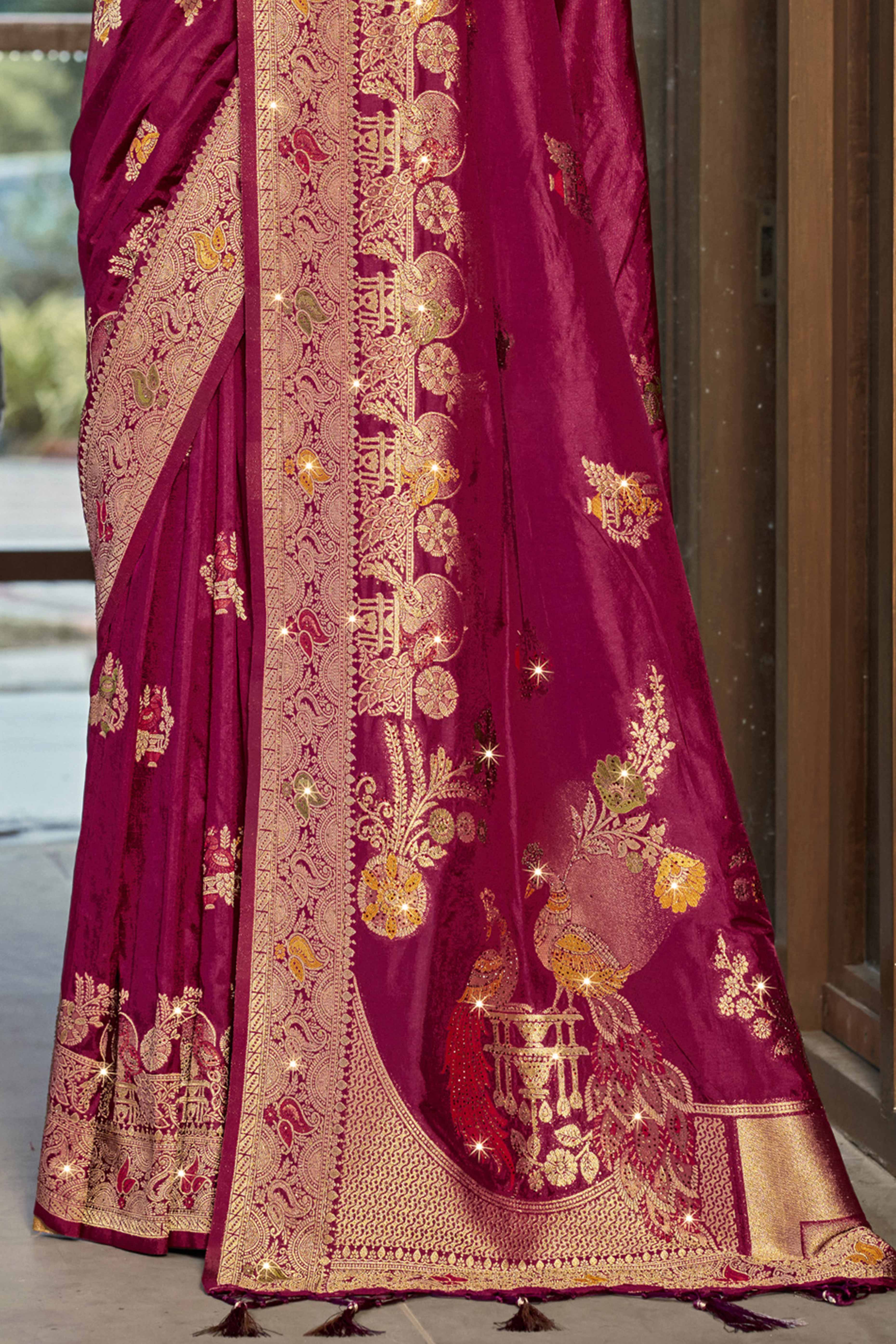 Peachmode Dark Magenta Floral Woven With Swarovski Work Pure Silk Saree With Tassels - view 4