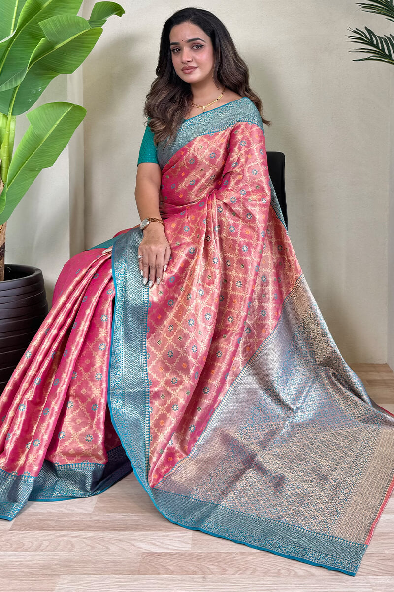 Tasrika Exquisite Pink Soft Banarasi Tissue Silk Saree With Mesmerising Blouse Piece - view 4