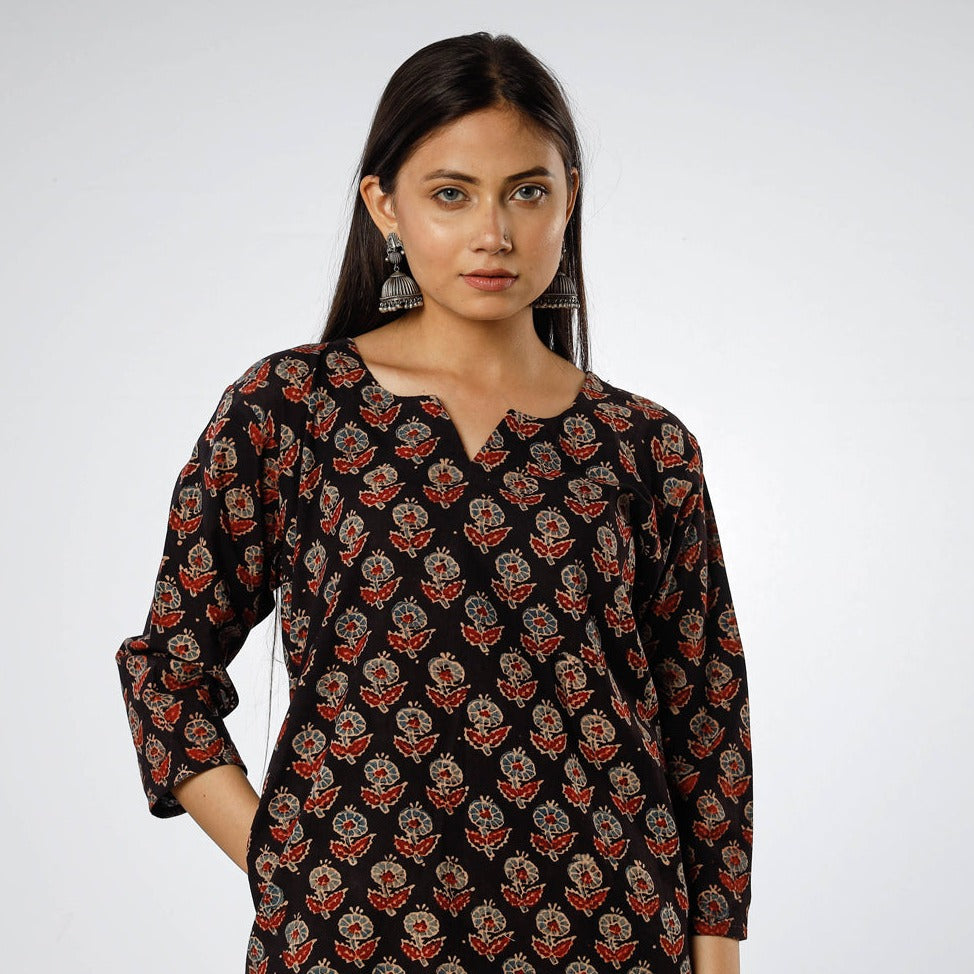 ITOKRI CASUALS Black - Ajrakh Block Printed Cotton Long Straight Kurta