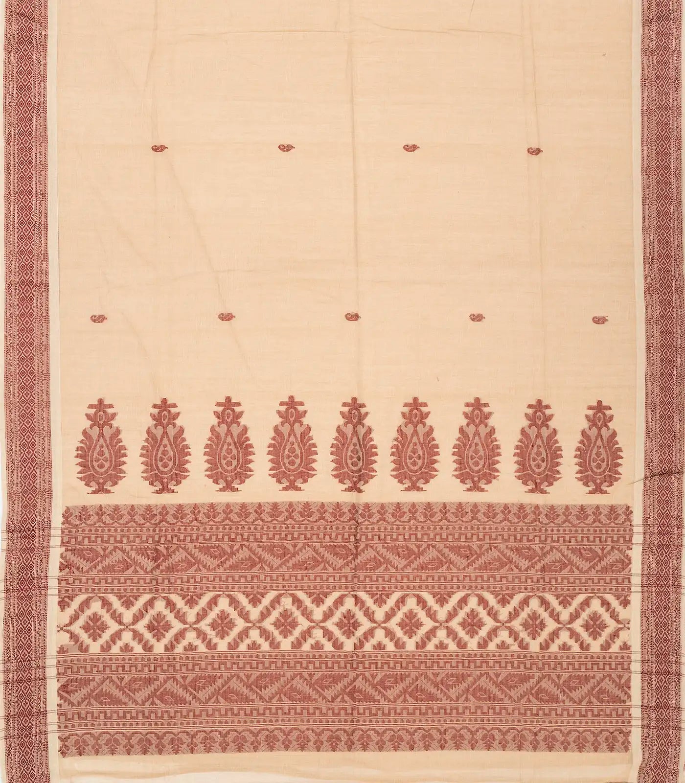 RmKV Cream Handloom Bengal Cotton Saree With Mango Buttas - view 2