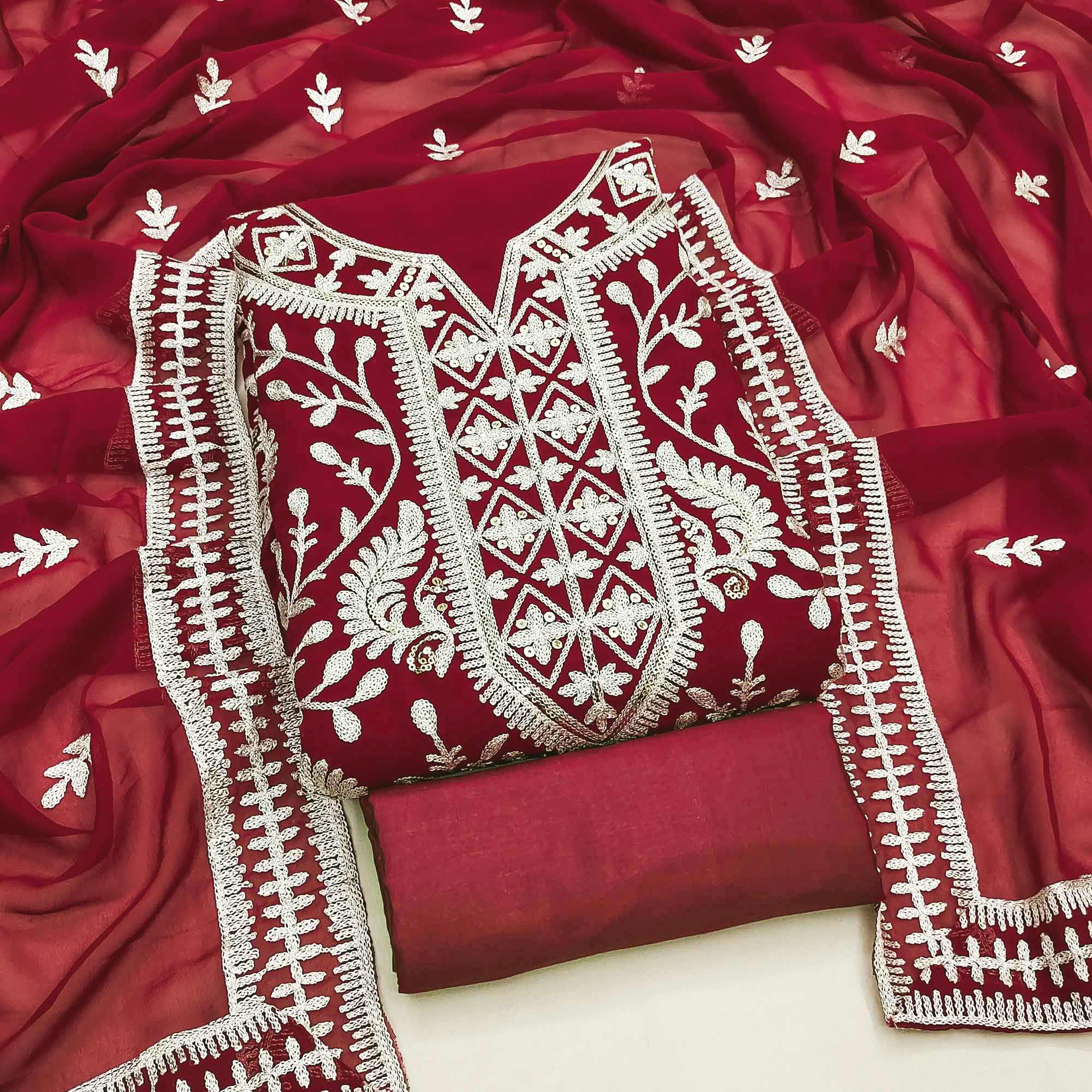 Peachmode Maroon Floral Sequins Embroidered Georgette Dress Material