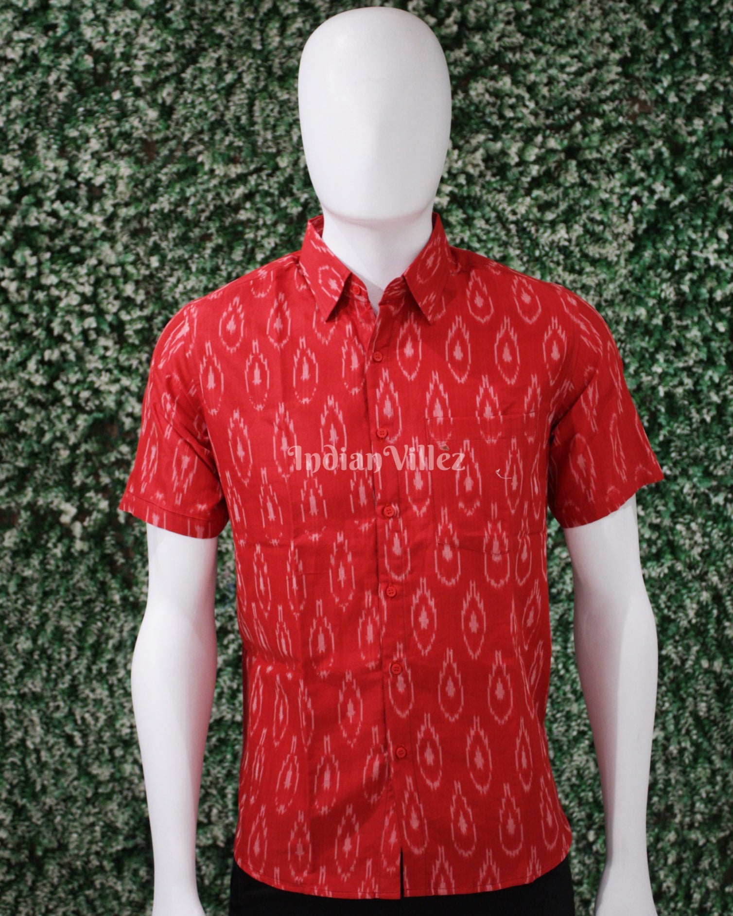 IndianVillèz Red Pochampally Ikat Cotton Half Sleeve Shirt for Men