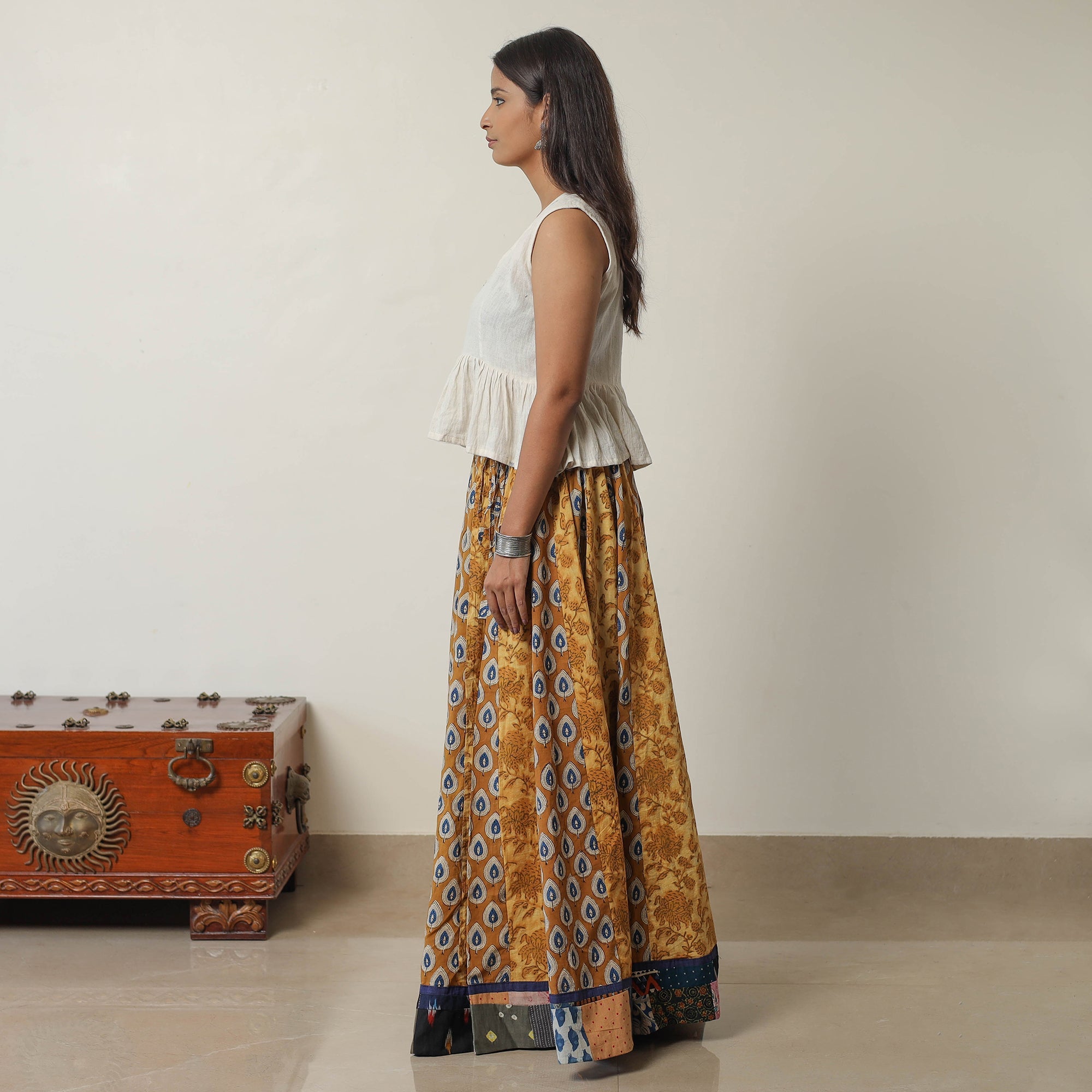 NOORI BAZAR Brown - Bagru Block Printed 24 Kali Patchwork Cotton Long Skirt 31 - view 4