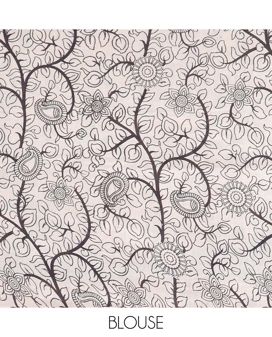 Pothys Black floral vine & peacock machine-printed kalamkari cotton saree, self-border & peacock motifs pallu - view 2