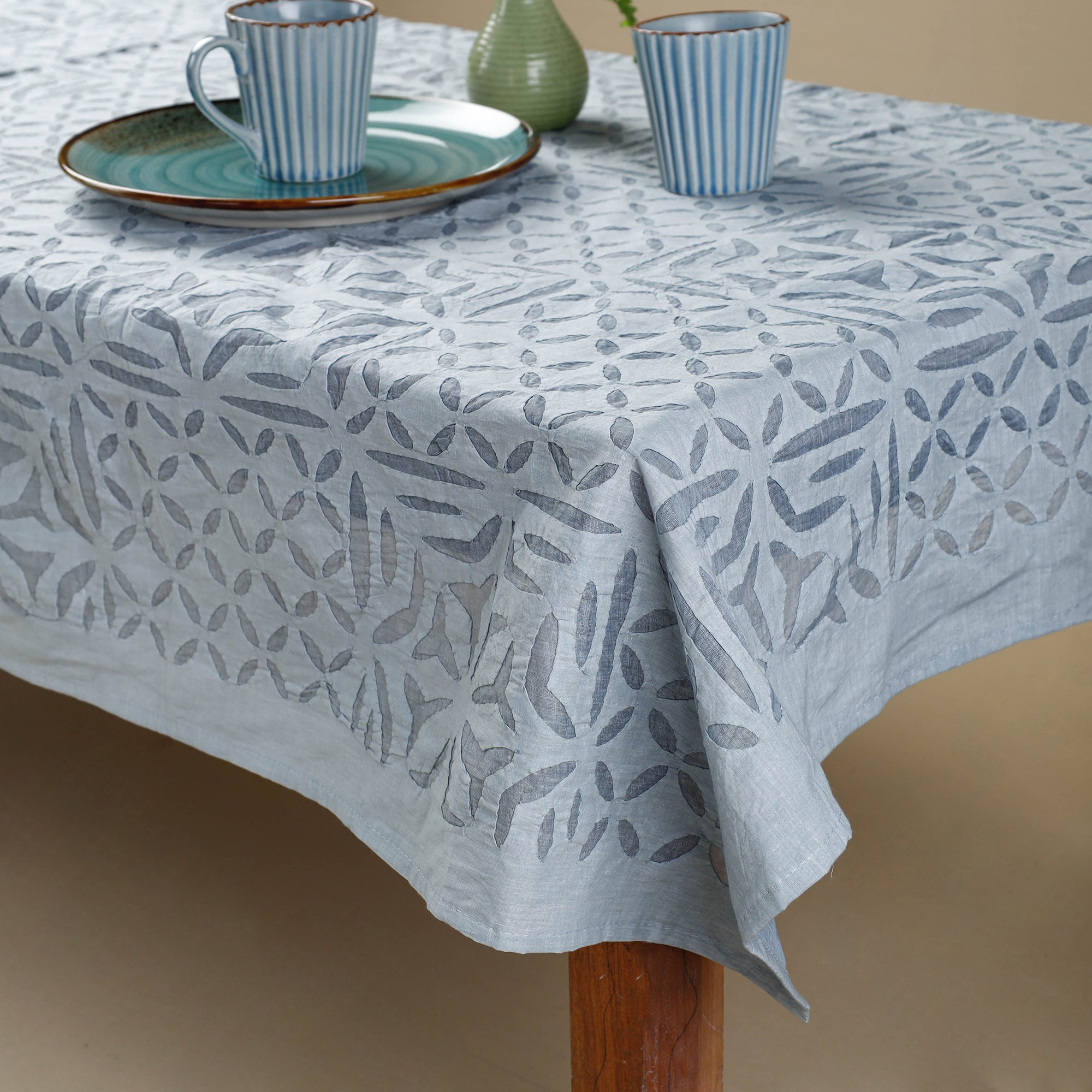 SHADES OF MARUDHARA Blue - Applique Cutwork Cotton Table Cover - 4 Seater