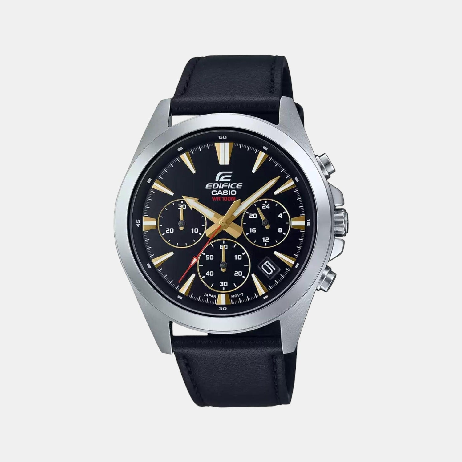 Casio Edifice Men Quartz Black Dial Chronograph Leather Watch ED542