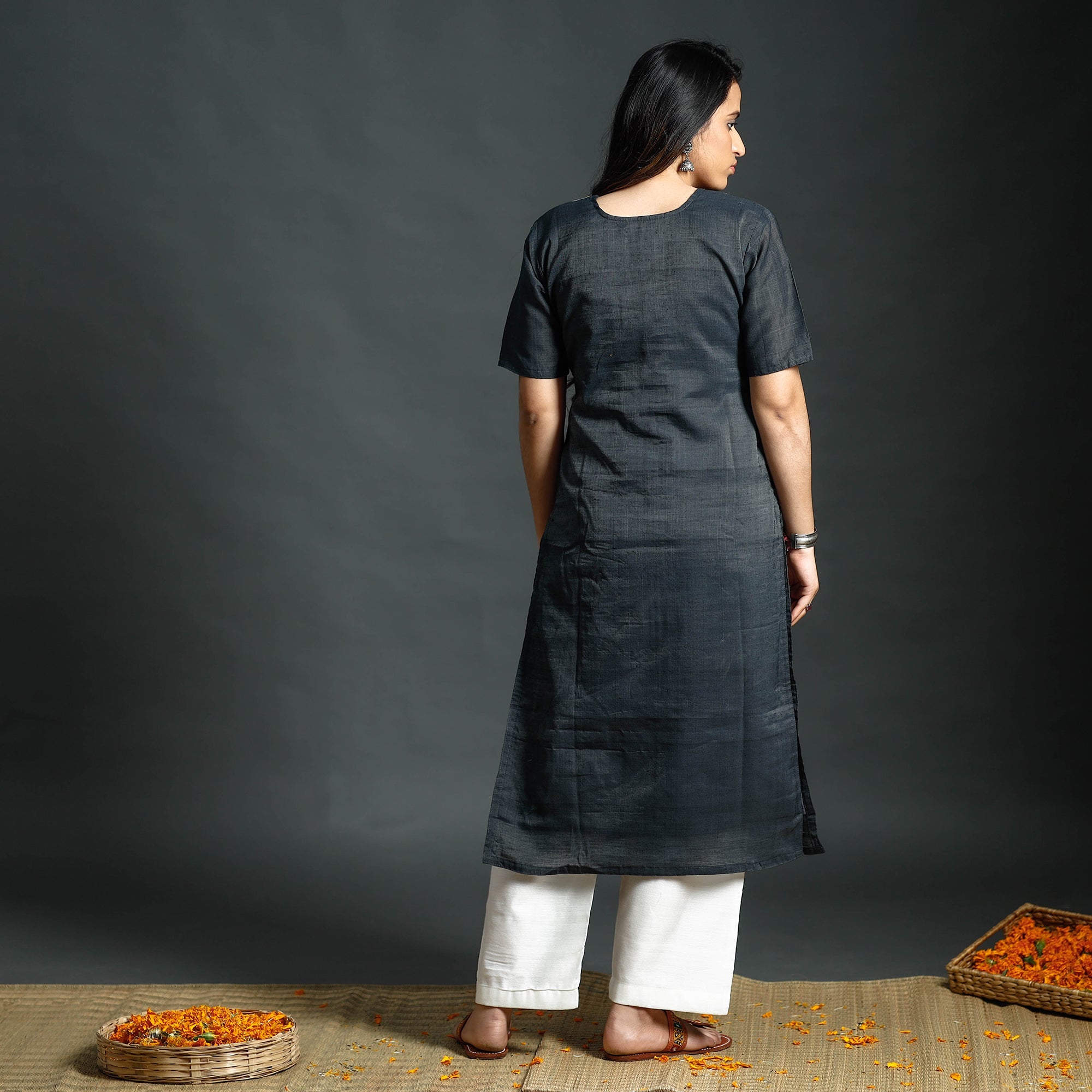 ITOKRI CASUALS Black - Dark Grey & White Phulia Jamdani Handloom Silk Cotton Kurta with Palazzo & Dupatta Set - view 5