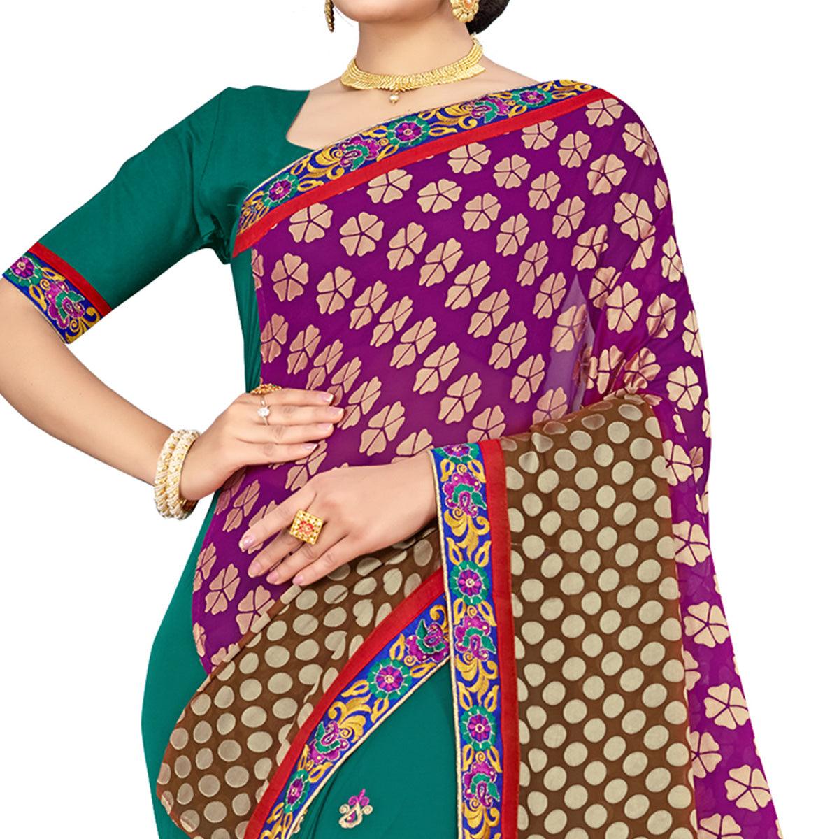 Peachmode Ethnic Green-Purple Colored Party Wear Embroidered Georgette Half-Half Saree - view 2