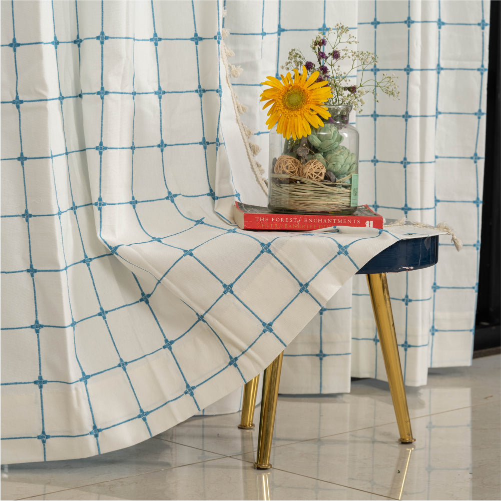 Premium 100 cotton – Urban Space -Home Furnishing Store Premium 100% Cotton Embroidery Curtain for Window & Door - Pack of 1 Curtain, Turquoise Checks