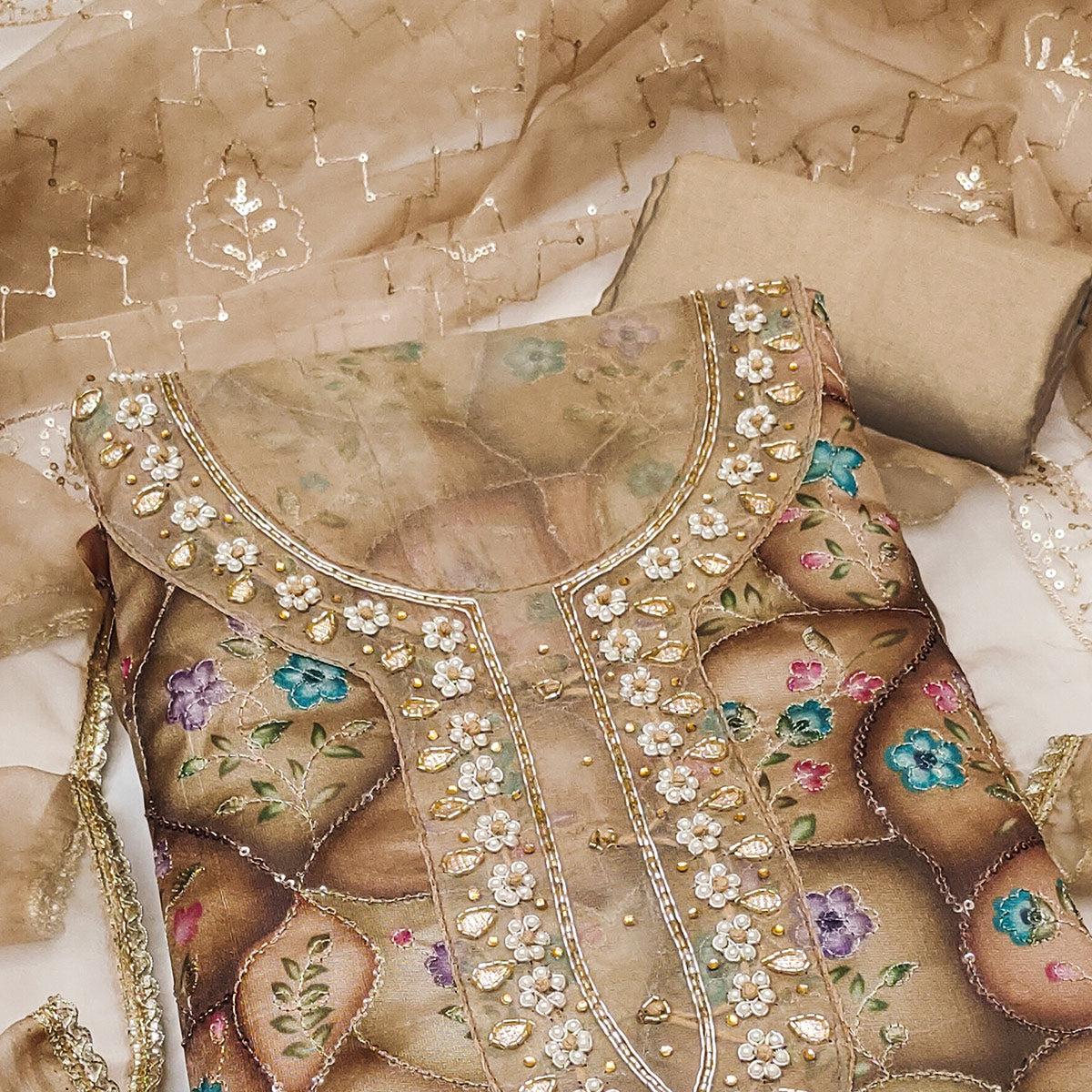 Peachmode Light Brown Floral Sequins Embroidery With Handwork Organza Dress Material - view 2