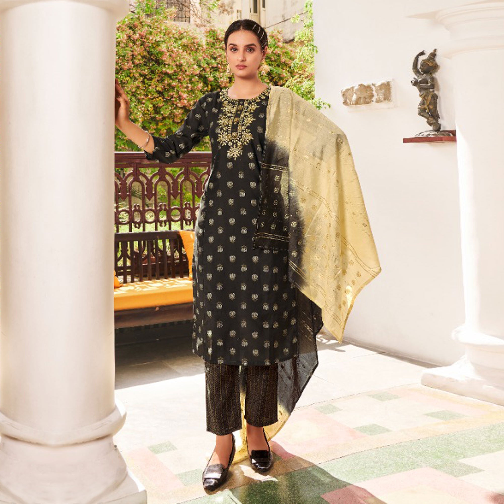 Peachmode Seller Dark Grey Floral Printed Pure Cotton Salwar suit