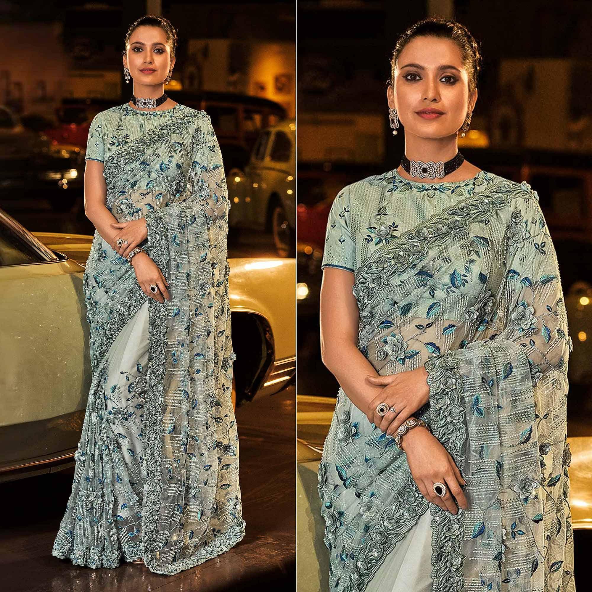 Peachmode Grey Partywear Embroidered Sequins Embellished Net Saree