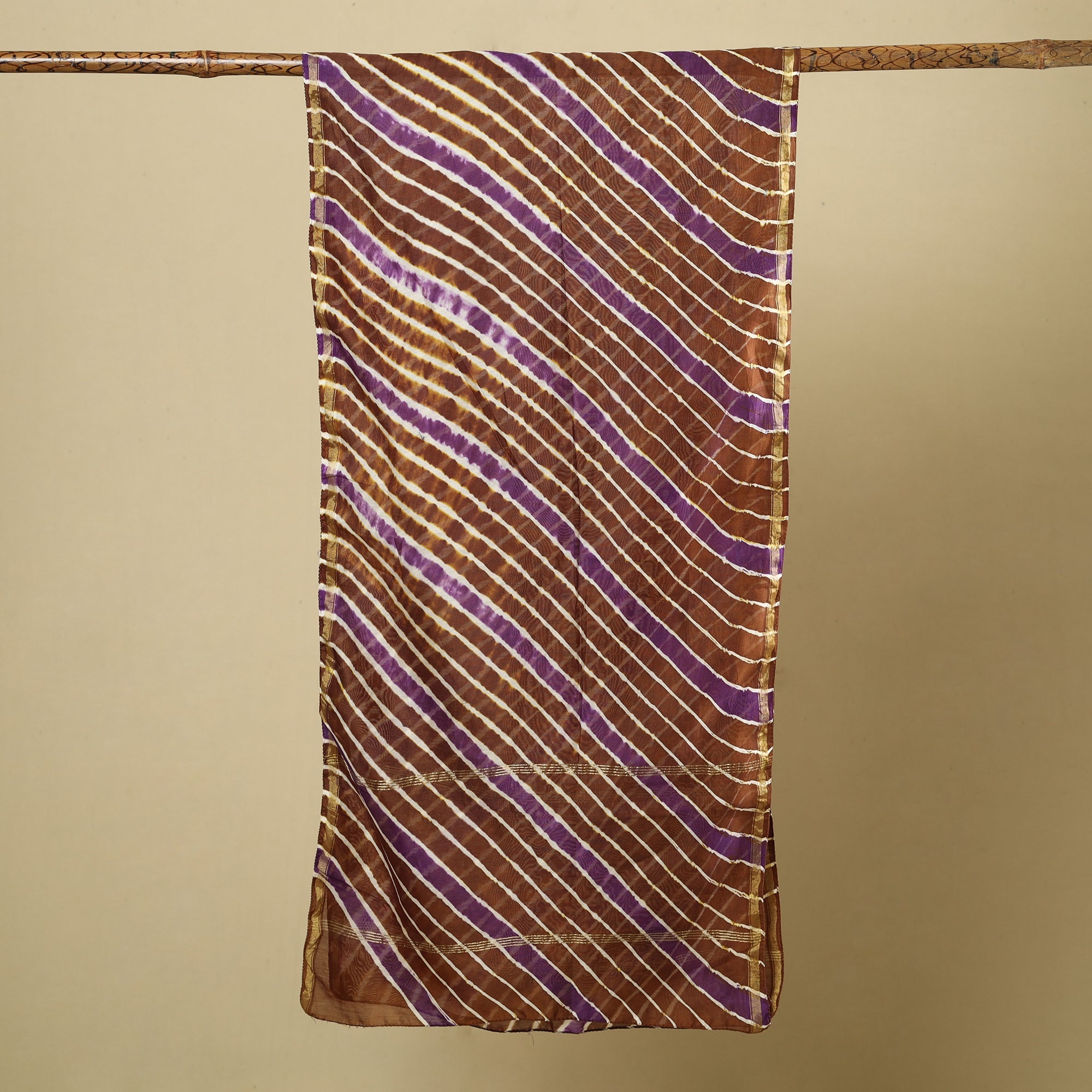 LEHARIYA BY BADSHAH MIYAN Brown - Leheriya Tie-Dye Chanderi Silk Handloom Stole with Zari Border 44 - view 2