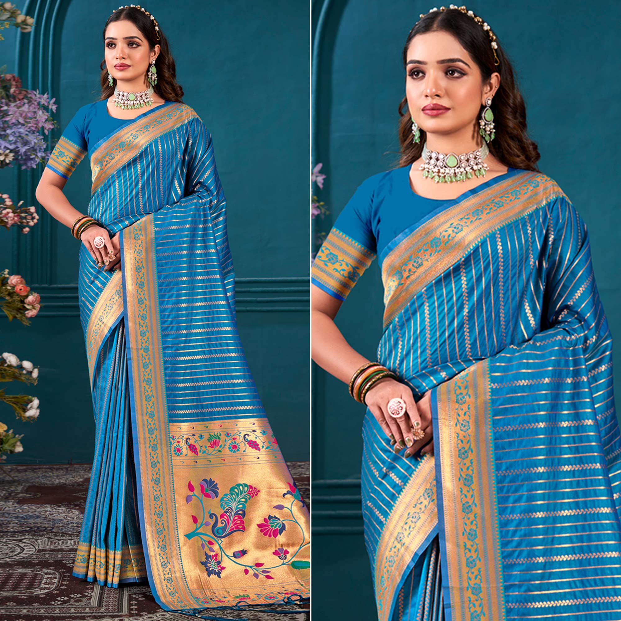 Peachmode Blue Woven Paithani Raw Silk Saree With Tassels